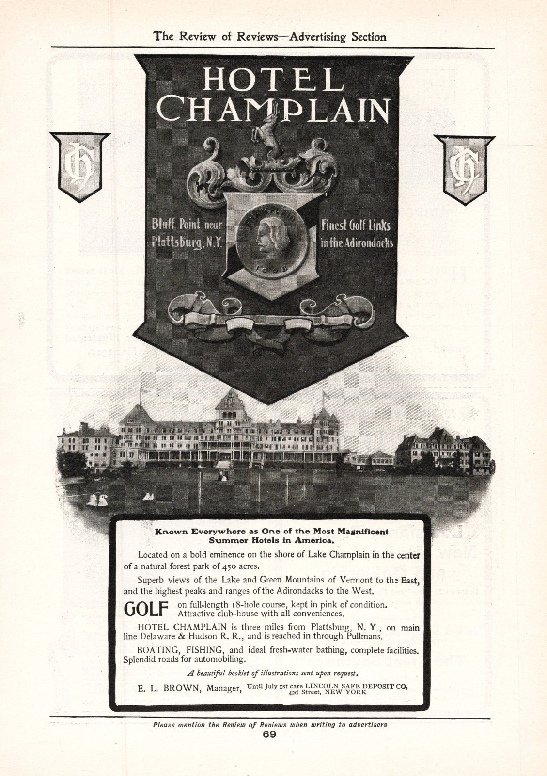 Historic 1904 Original HOTEL CHAMPLAIN Print Ad McKinley Summer White House N.Y. Historic 1904 Original HOTEL CHAMPLAIN Print Ad McKinley Summer White House N.Y.