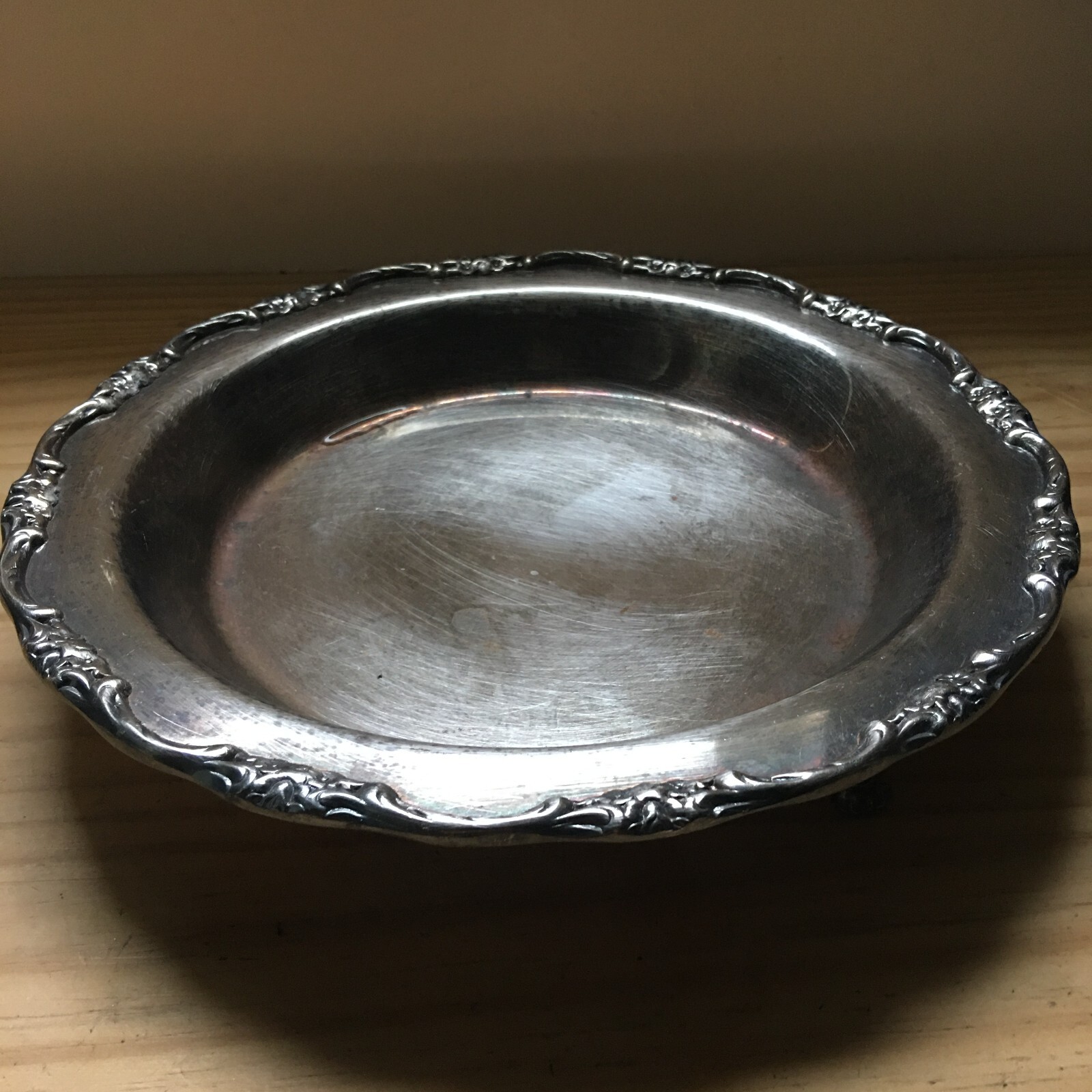 VTG 80s Silverplate Dish Bowl Finest Quality Handcrafted Footed Floral Edge 11\