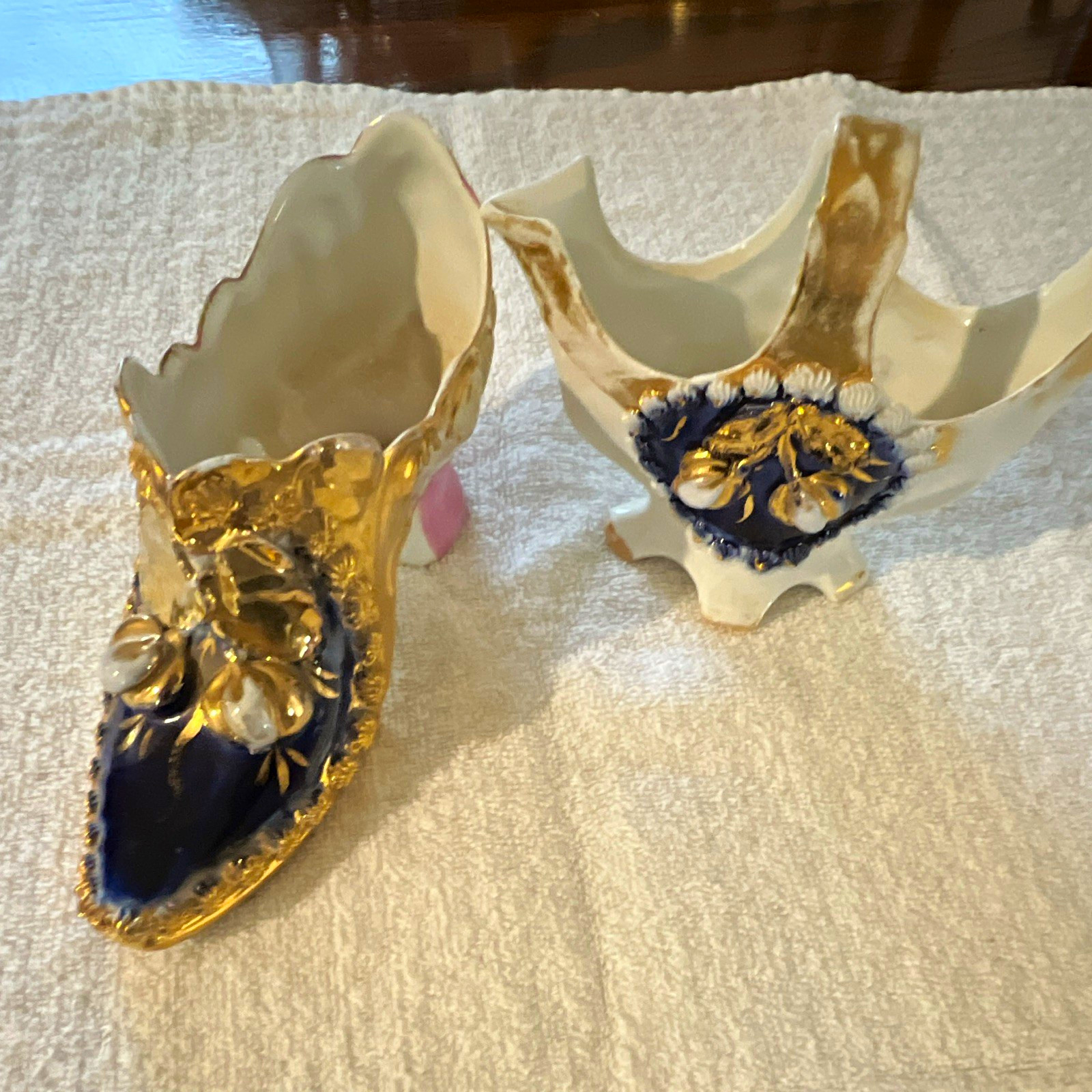 Antique Germany Porcelain High Heel Shoe Trinket Dish Floral Gold Blue Pink