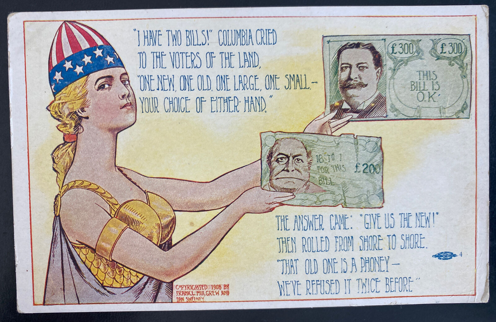 Mint USA Picture Postcard Political 1908 Campaign Taft Vs WJ Bryan