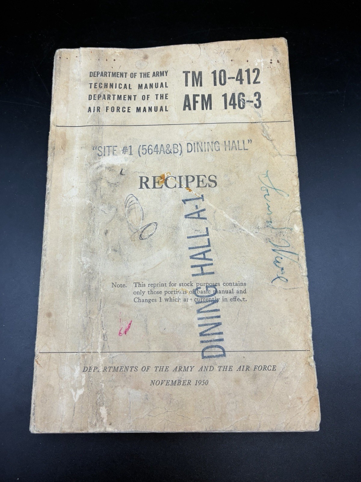 Vtg. November 1950 TM 10-412 AFM 146-3 Army Air Force Recipe Book