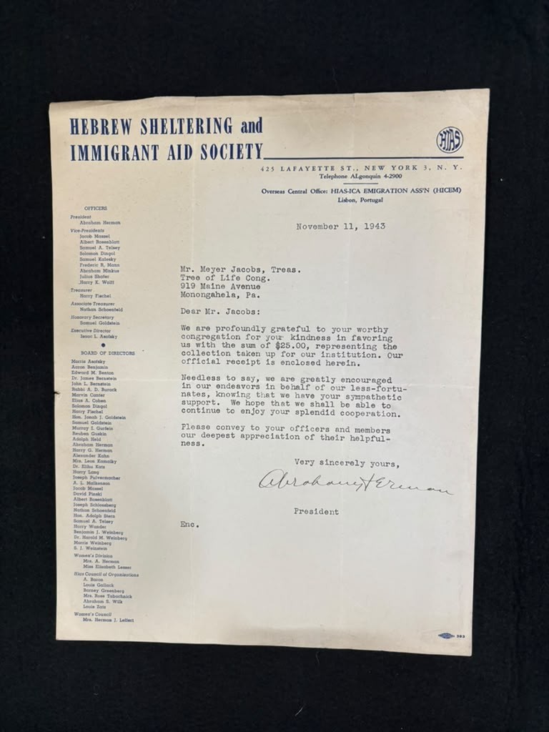 RARE 1943 HIAS WWII letter to M. Jacobs Monongahela, PA from Abraham Herman