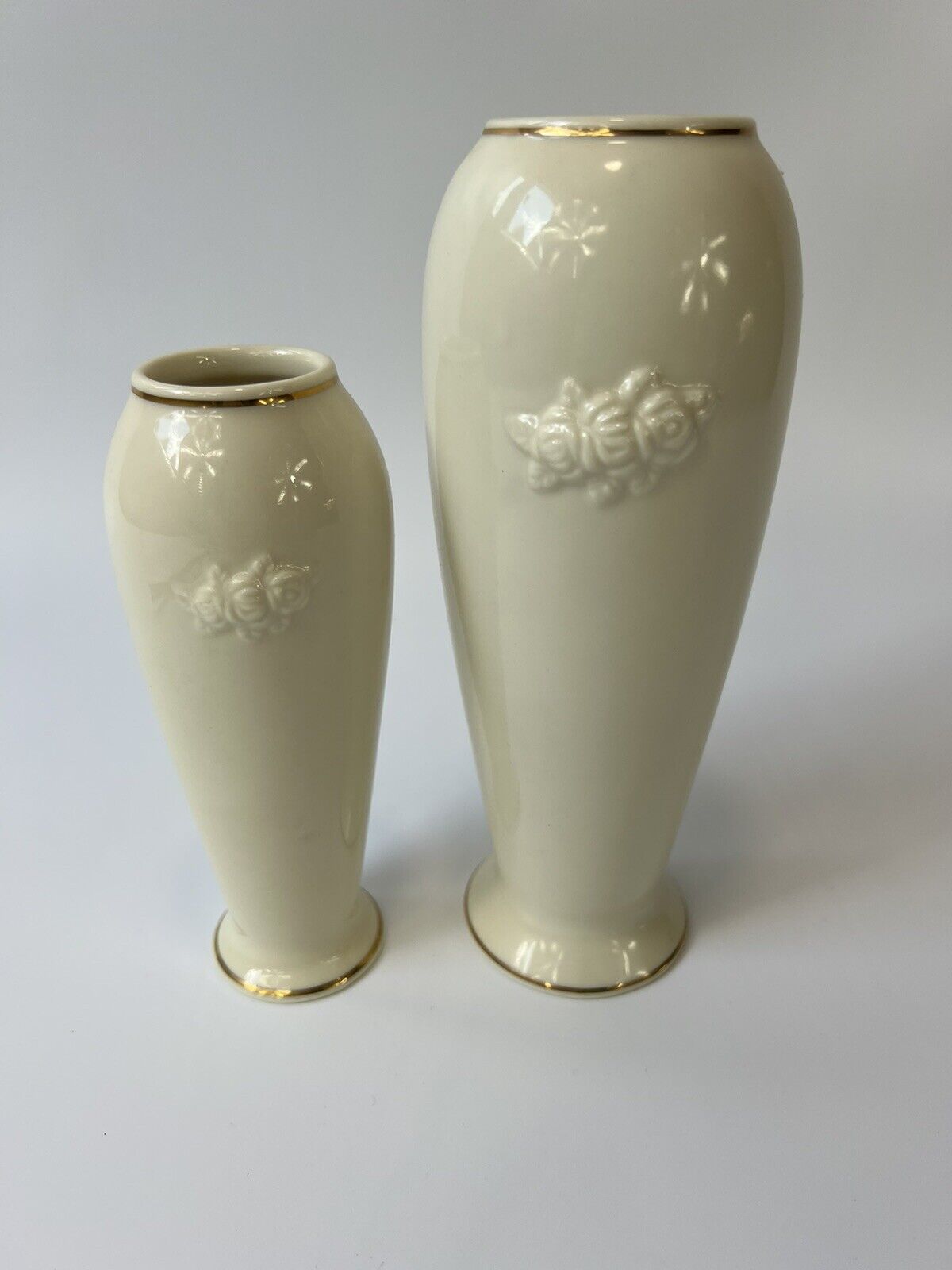 Lenox Rose Blossom Bud Vases 2 Porcelain 24K Gold Trim Ivory Cream 6.5” & 7.5”