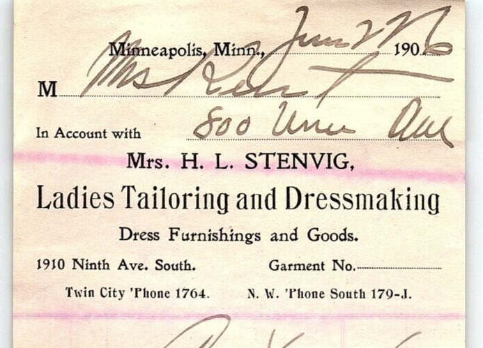 1906 MRS H L STENVIG LADIES TAILORING DRESSMAKING MINNEAPOLIS MN INVOICE Z7059