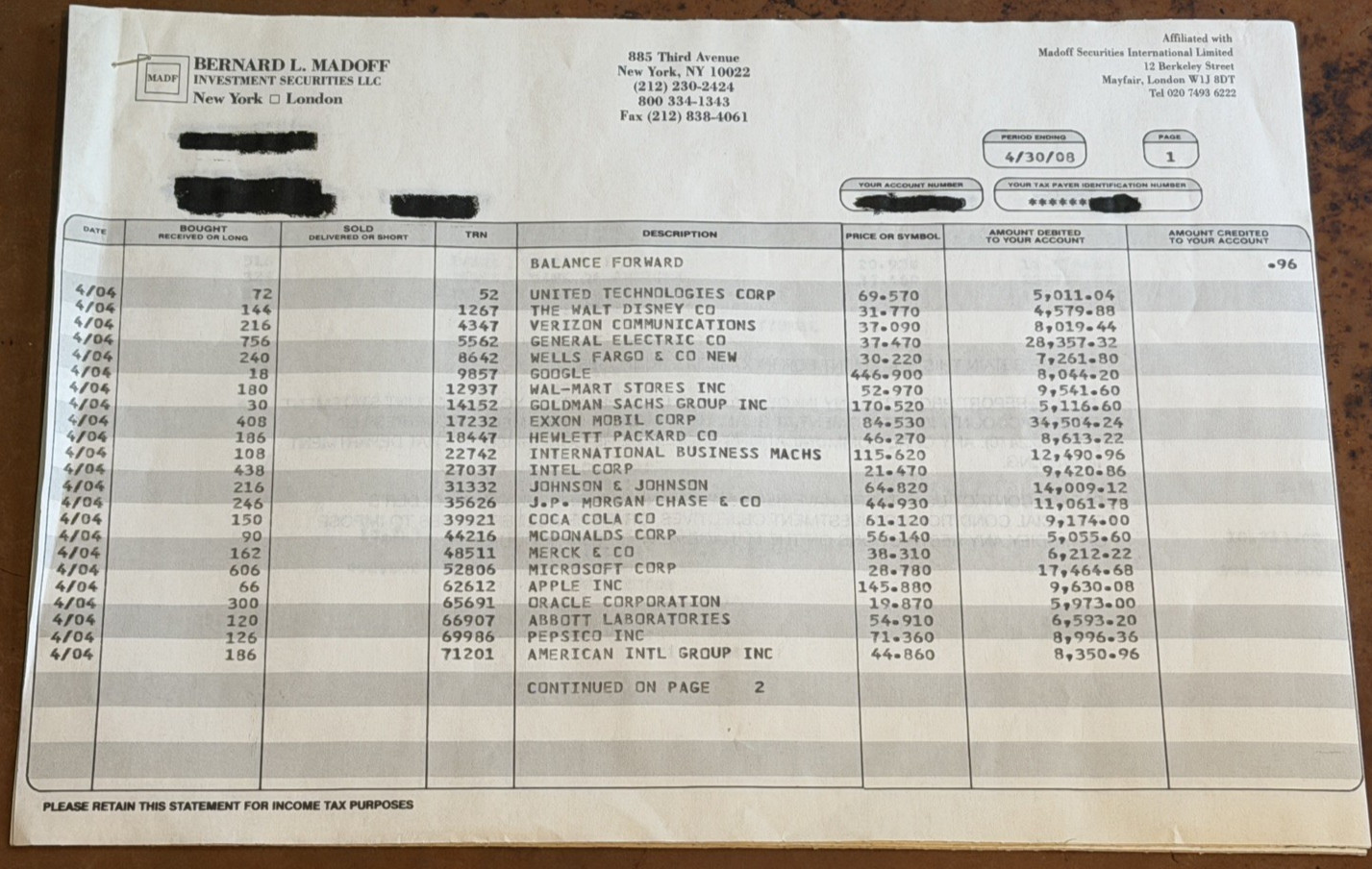 Bernard Madoff Monthly Financial Statement Ponzi Scheme Fraud Original 2008