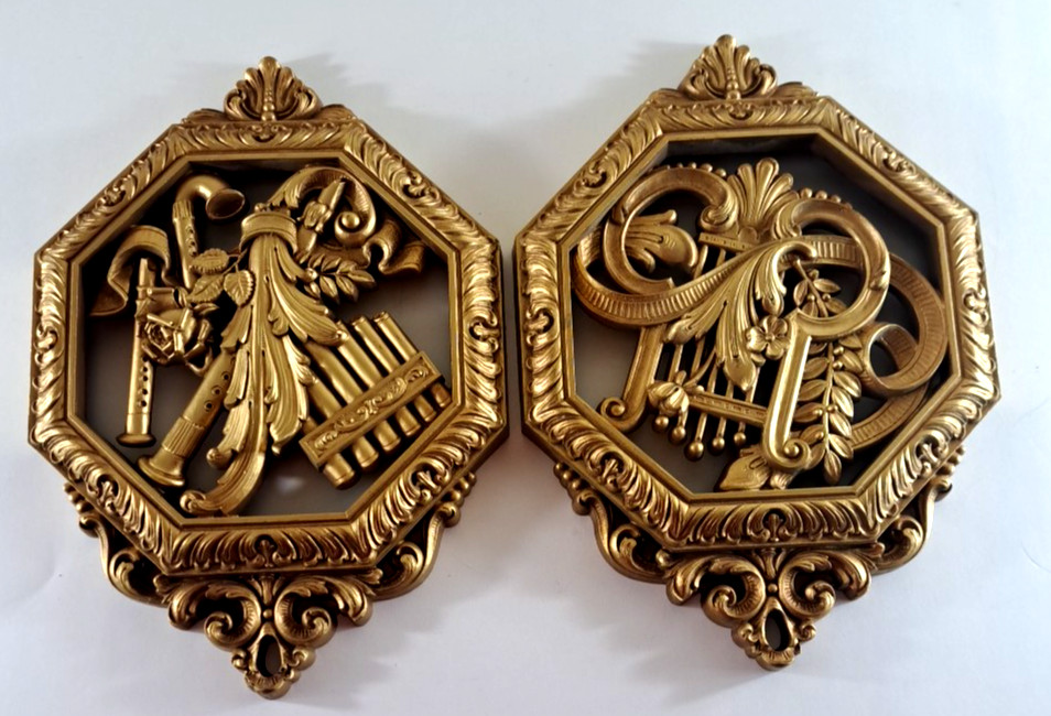 Vintage Syroco Wall Decor Gold Plastic Musical Instruments Harp Flutes 1976