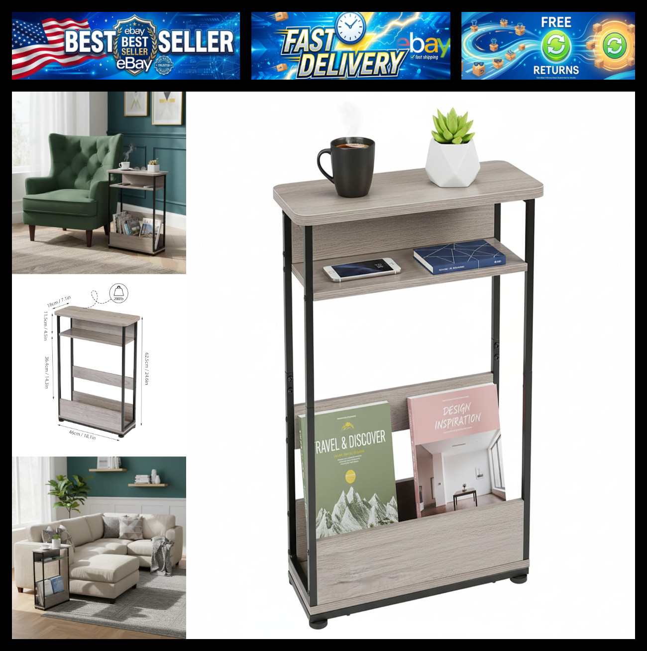 Vintage Narrow Side Table with Storage Shelf, 3 Tier Slim End Table Modern Sofa