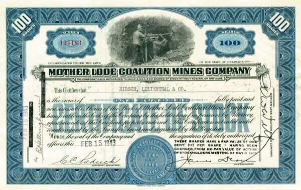 Mother Lode Coalition Mines Company - Stock Certificate (Blue)
