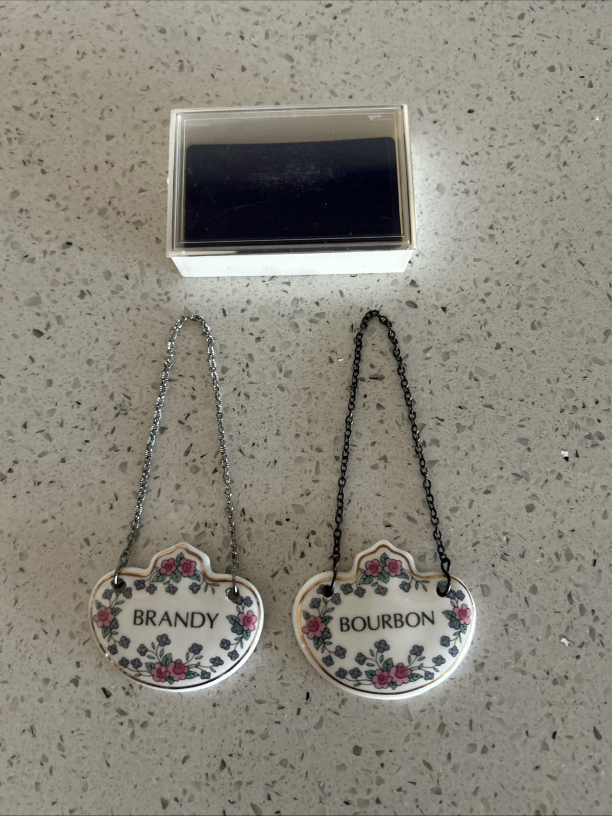 2 Vintage Kingsley Bourbon & Brandy Bone China Decanter Bottle Label Tags