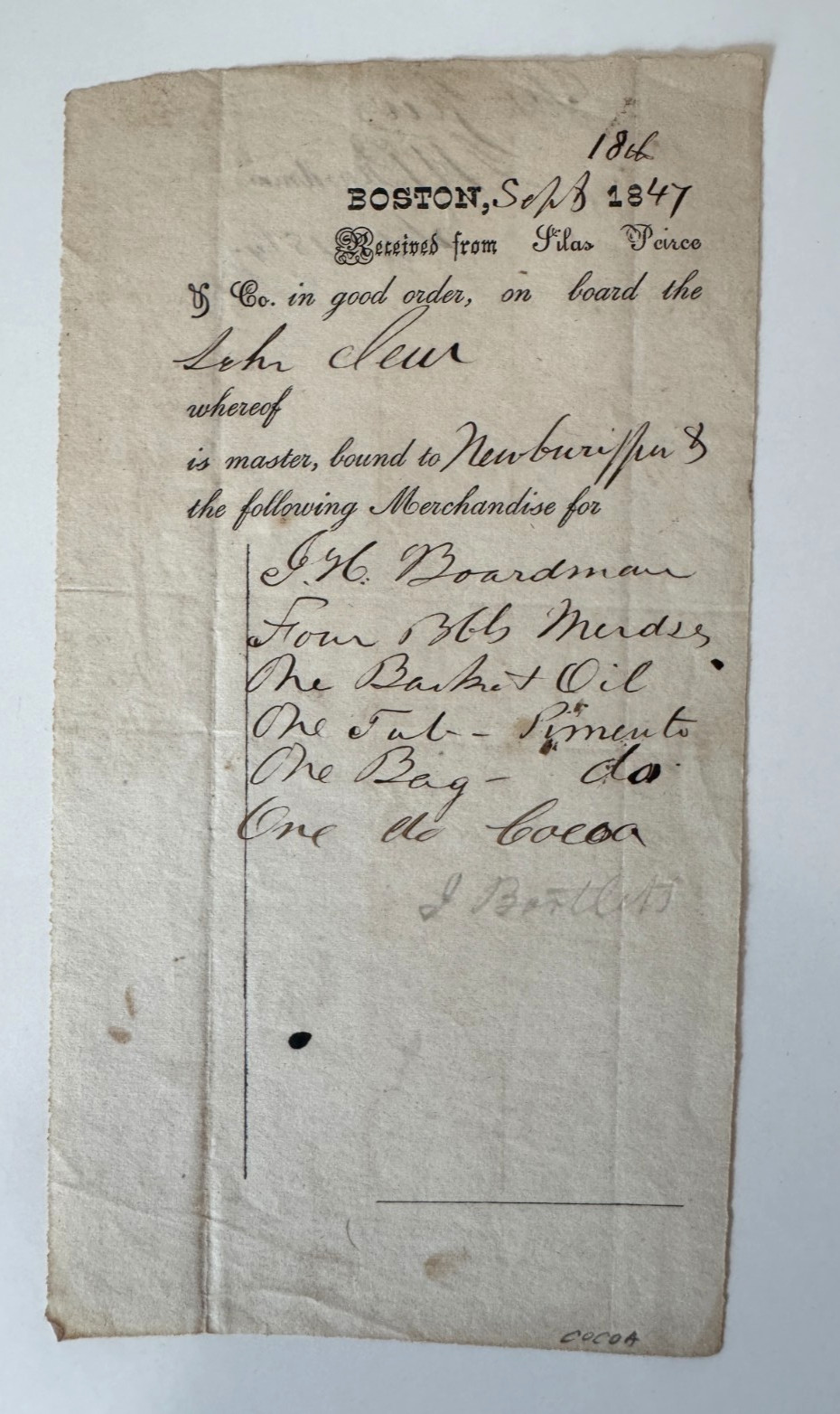 Vintage 1847 Freight Receipt Boston MA Silas Pierce Co via ship to Newburyport