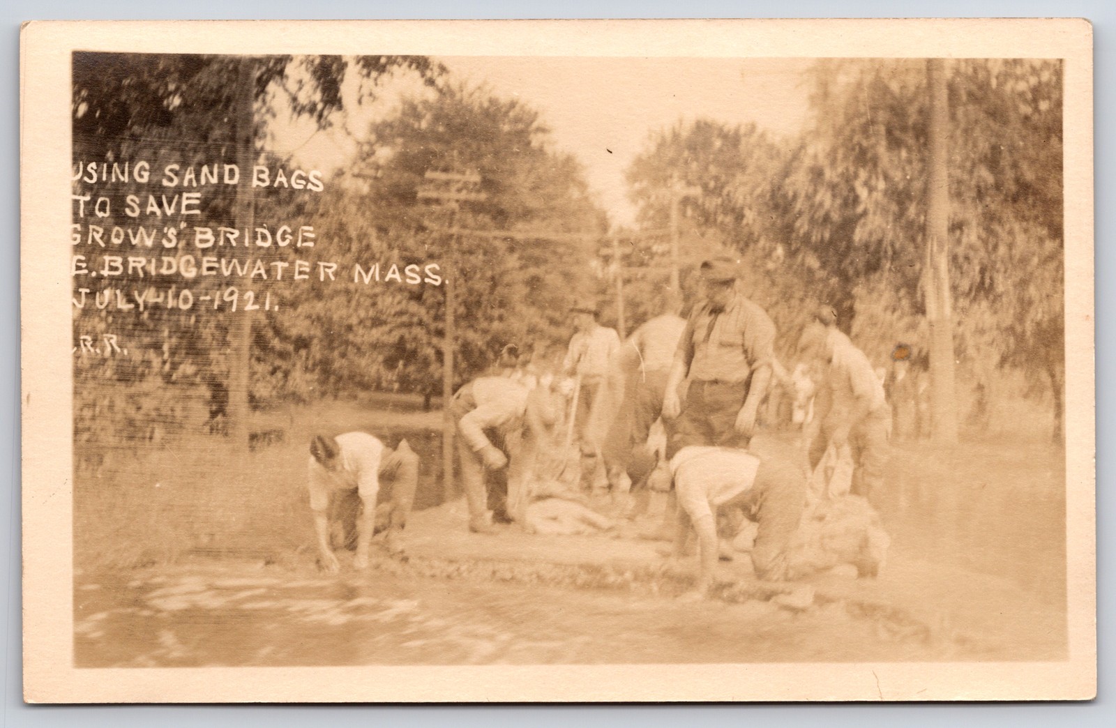 1921 RPPC Saving Brown’s Bridge Flood East Bridgewater MA Sand Bags