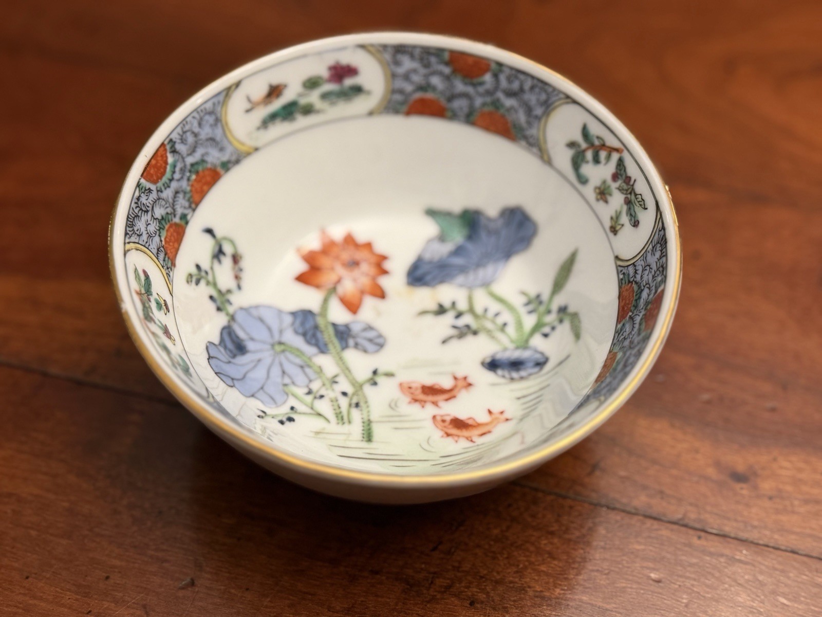 Vintage Chinese Macau Style Porcelian Bowl Koi Fish & Lotus Pond Hand Decorated