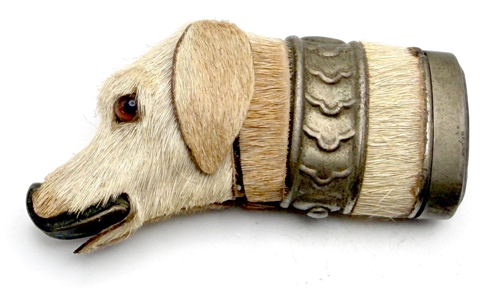 Vintage Unusual Whimsical 1800s Antique Dog Head Fur / Brass Vesta Match Safe