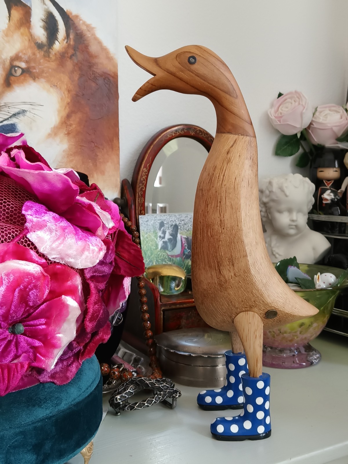 Dcuk Wooden Duck Wearing Blue Polka Dot Rain Boots Statue Figurine So Cute