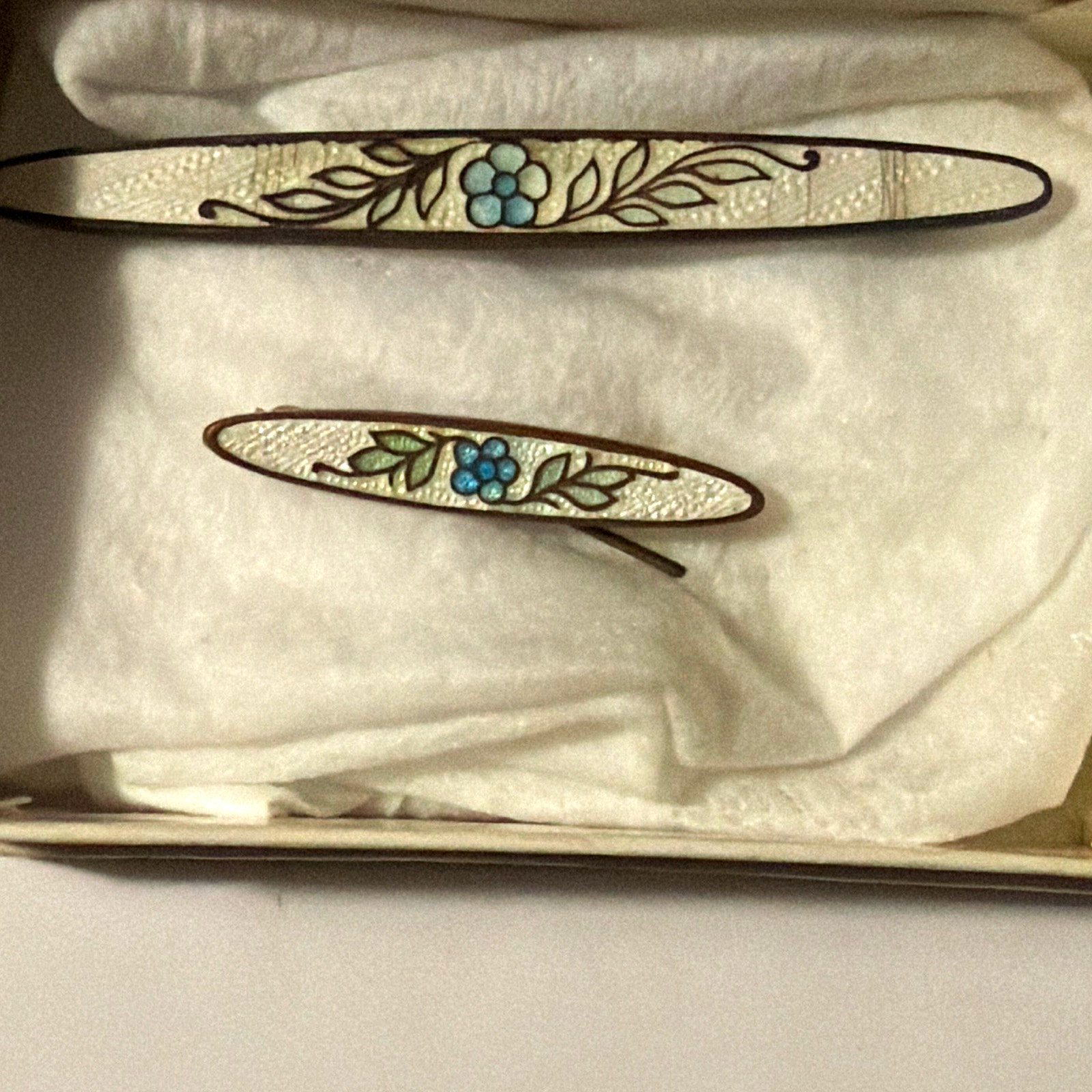 Antique Edwardian Guilloche Enamel Brass Bar Pins Duo