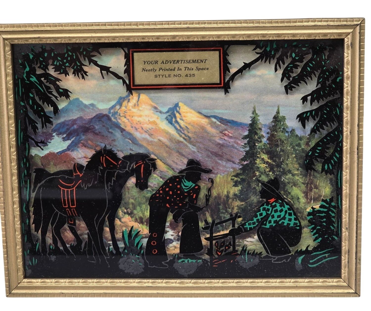 Vintage 1940 Reverse Painted Glass Store Advertising Sign Western Scene #435