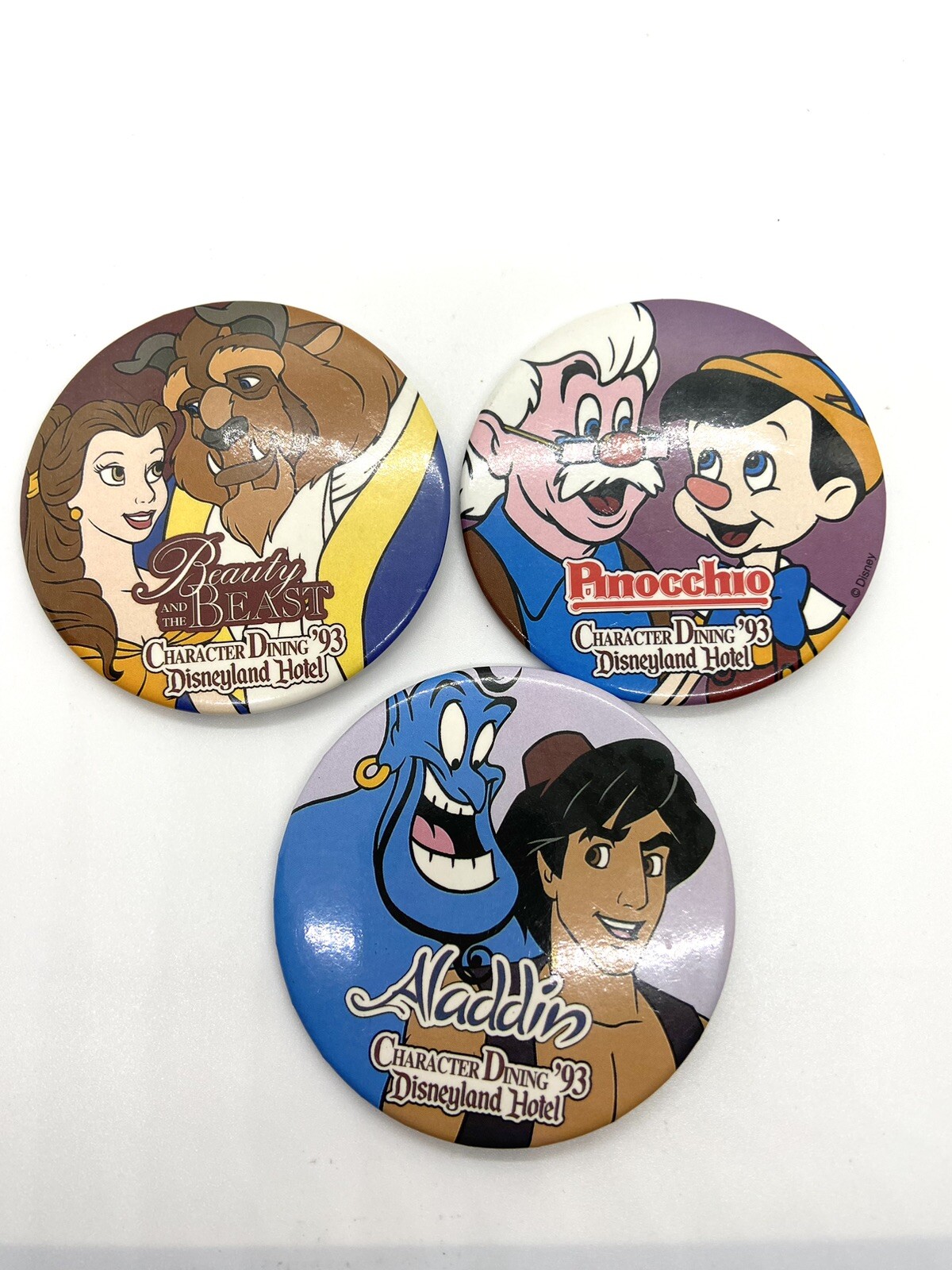 3 Vintage Disneyland Character Pin Aladdin, Pinocchio,Beast/Belle Dining 1993