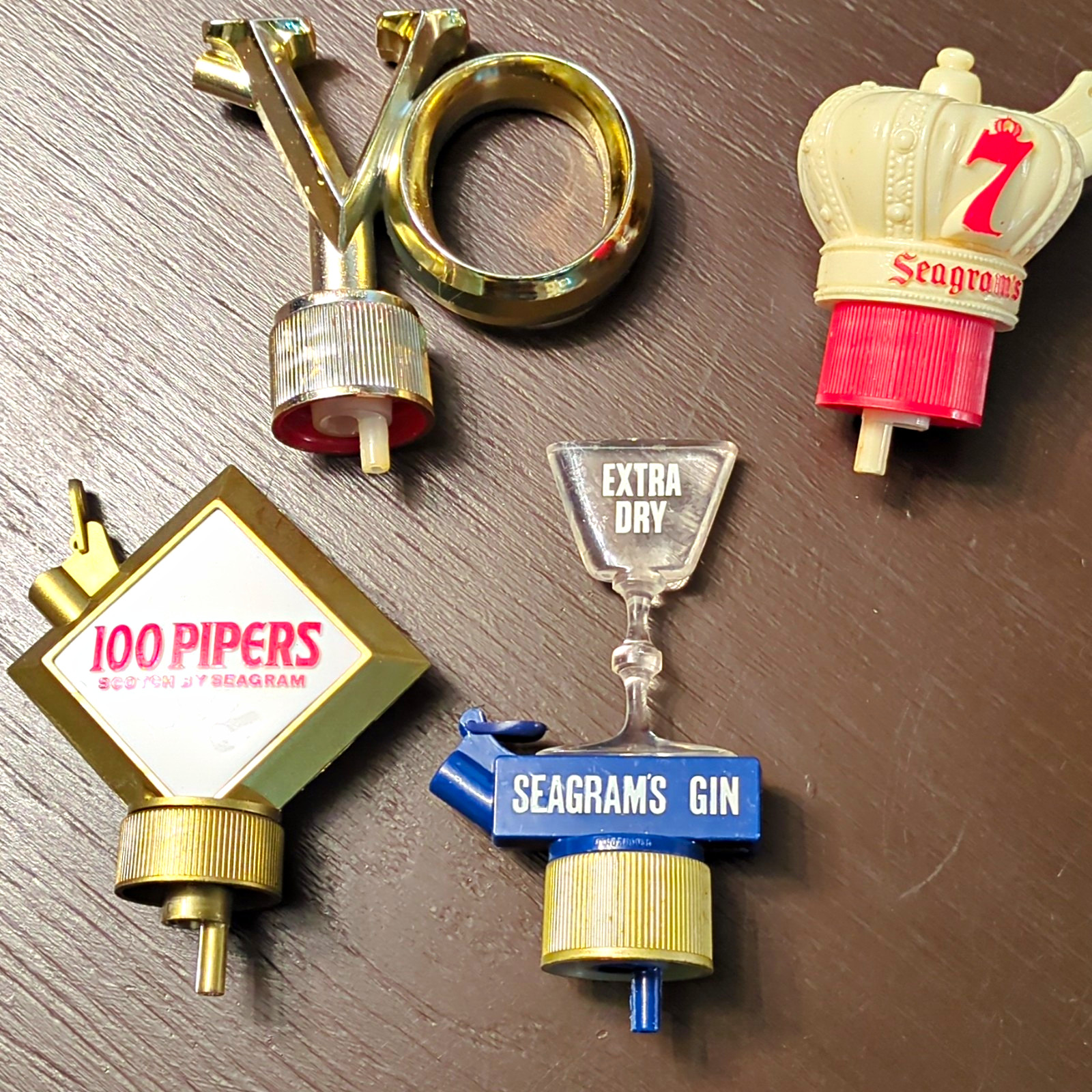 Vintage Seagram's Pour Spout Lot of 4: 100 Pipers, Seagram's Gin, 7 Crown, VO