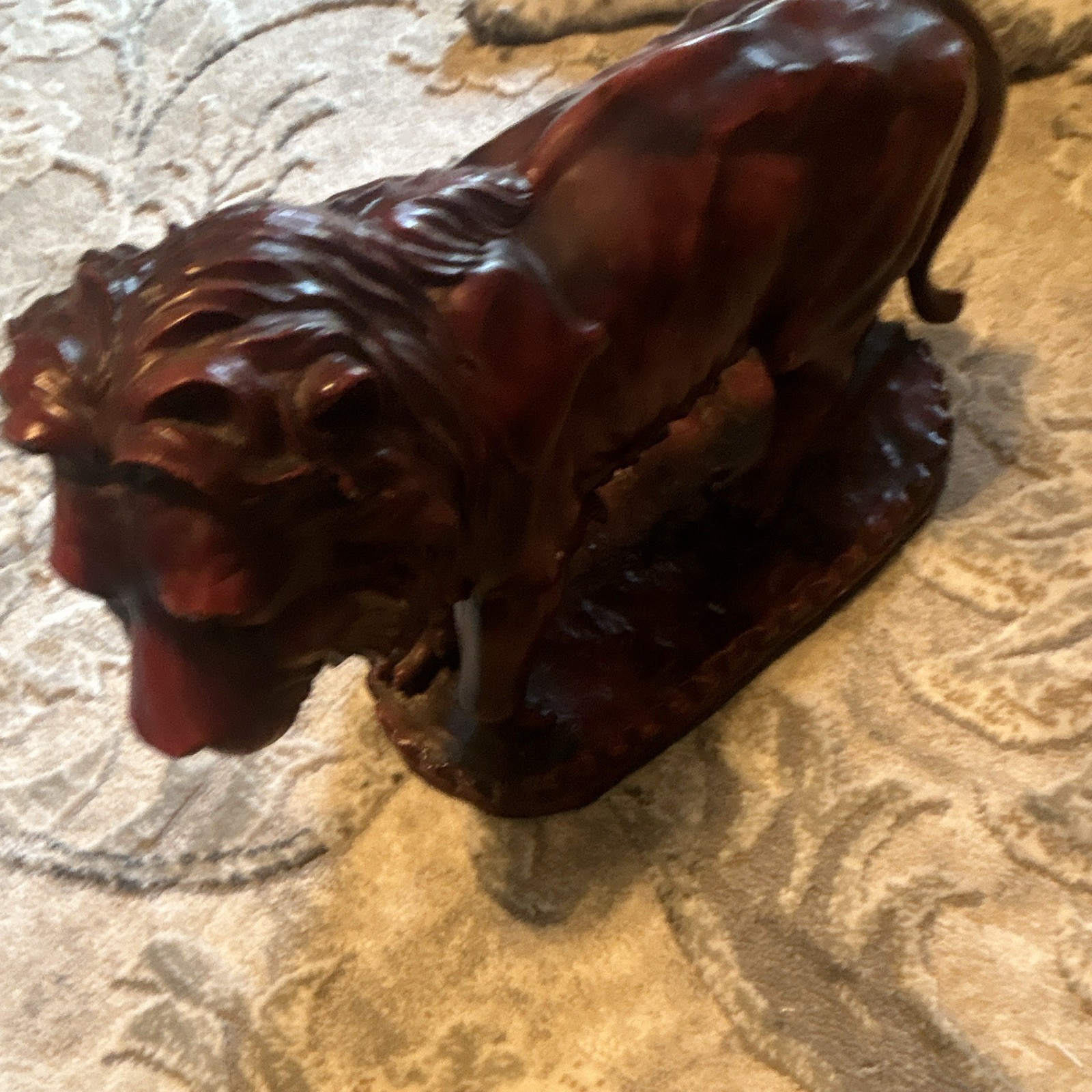 Large Brown Lion Figurine Sculpture Statue on Base, Approx 12 in Long
