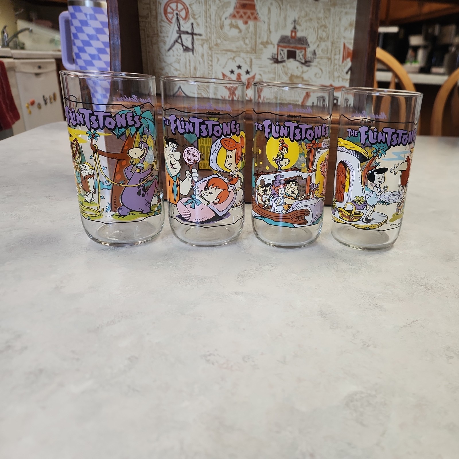 The Flintstones 1990 Hardee's 30th Anniversary Glasses-1960, 1963, and two 1964