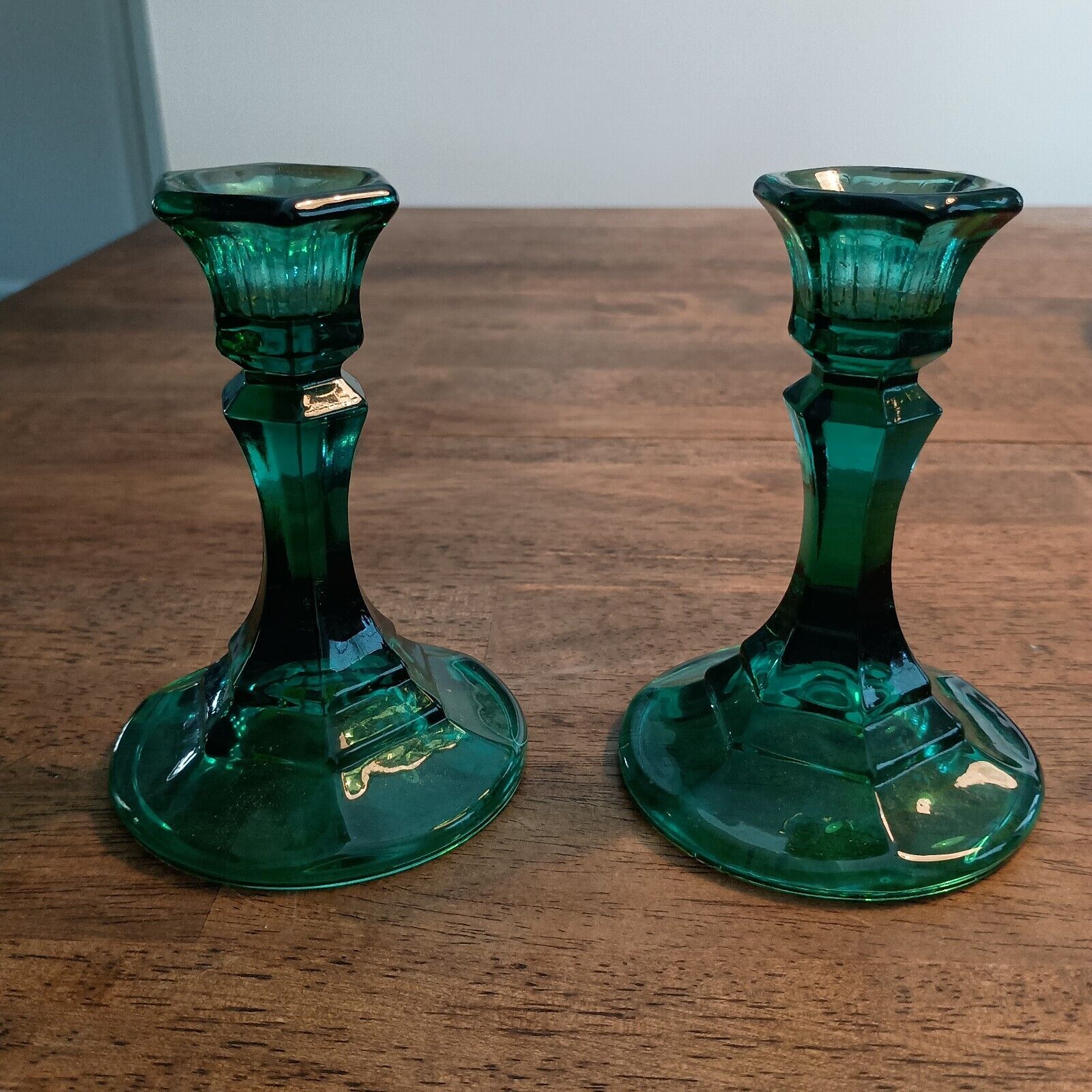 Set of 2 Vintage Indiana Glass Teal Green Candlestick Holders 4.5 in.