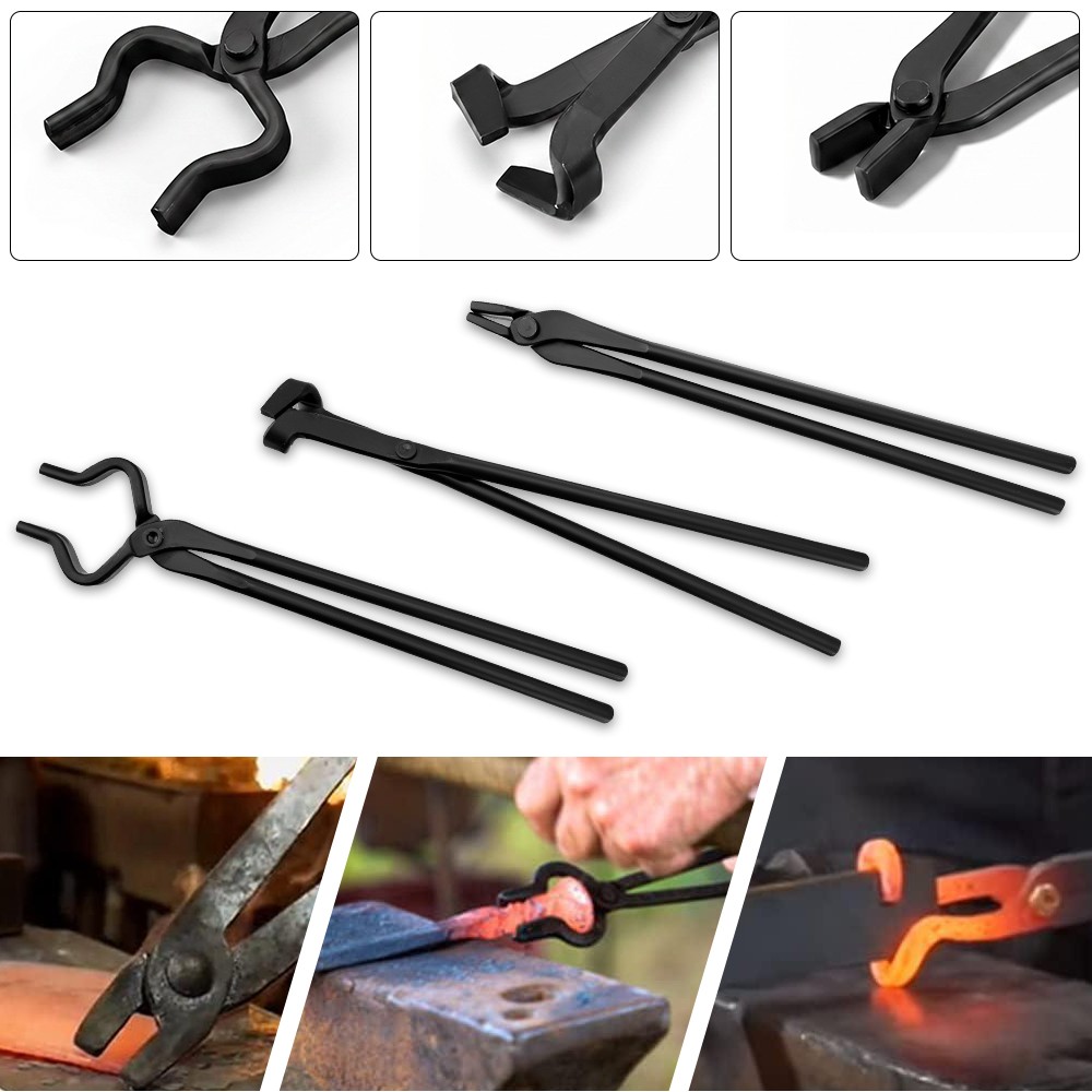3PCS Steel Blacksmith Tongs Set -V-Bit Blade,Flat,and Assembled Tongs for Making