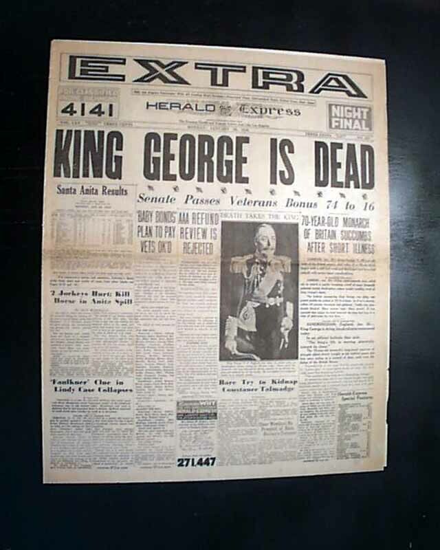 GEORGE V King of the United Kingdon & Emperor of India DEATH 1936 Old Newspaper