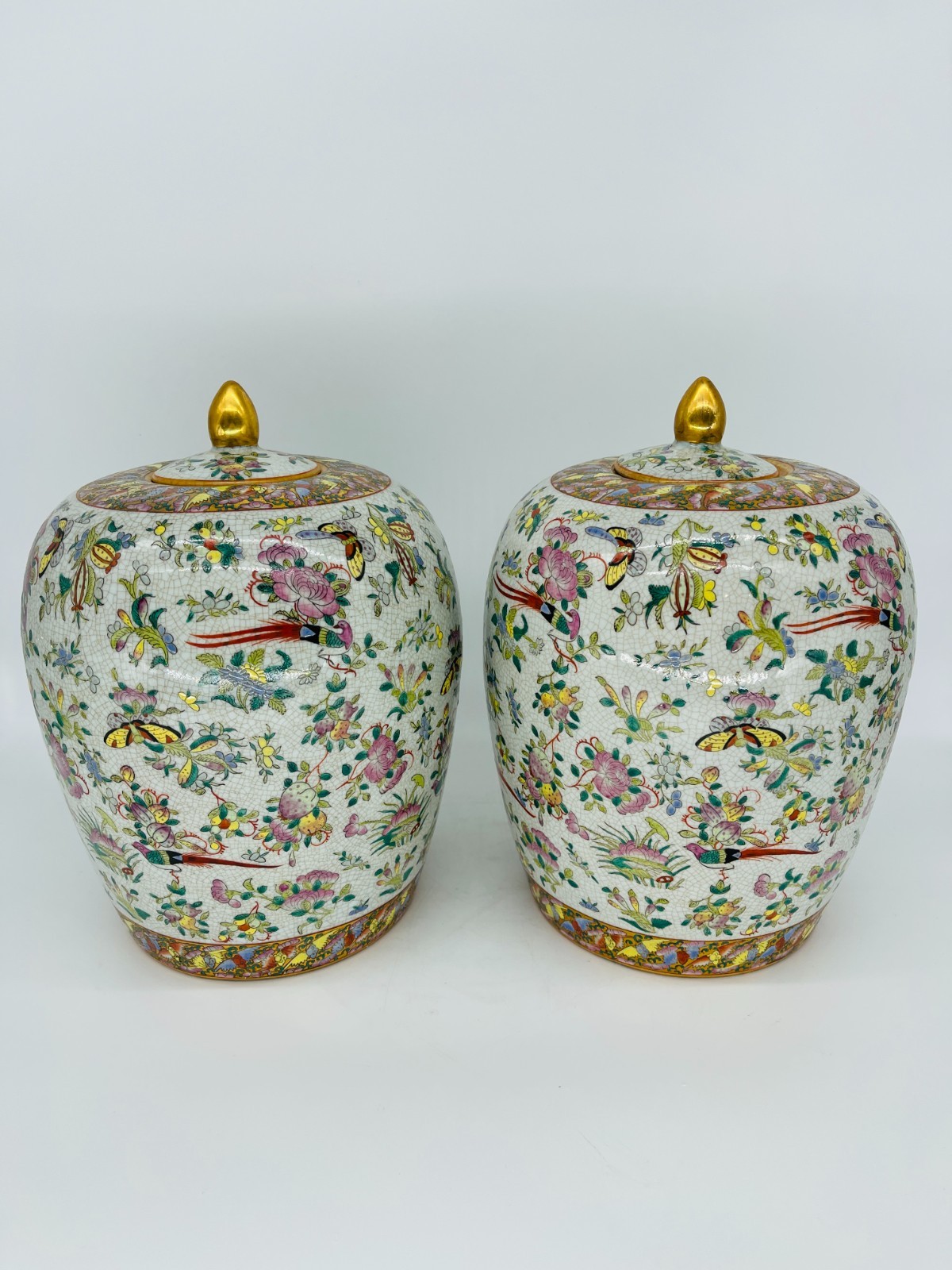 Large Pair Vintage Asian Chinoiserie Bird Pink Melon Ginger Jars