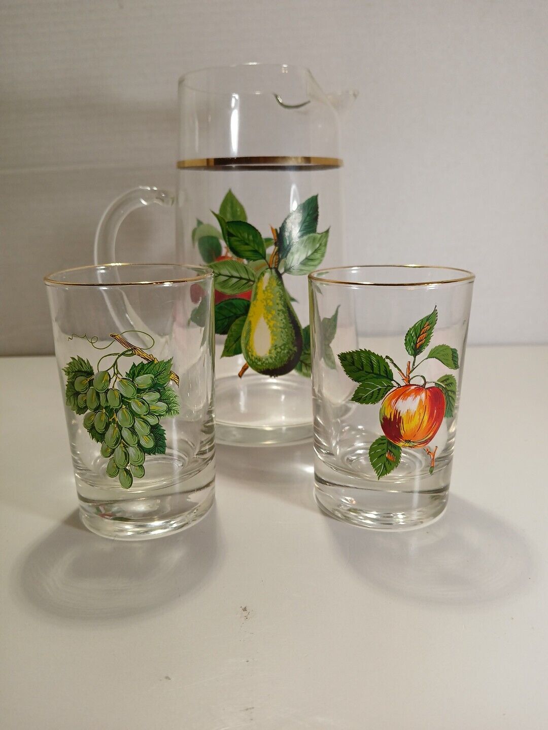 MCM Glass Juice Pitcher And Glasses Set Fruit Theme Gold Rim Retro...