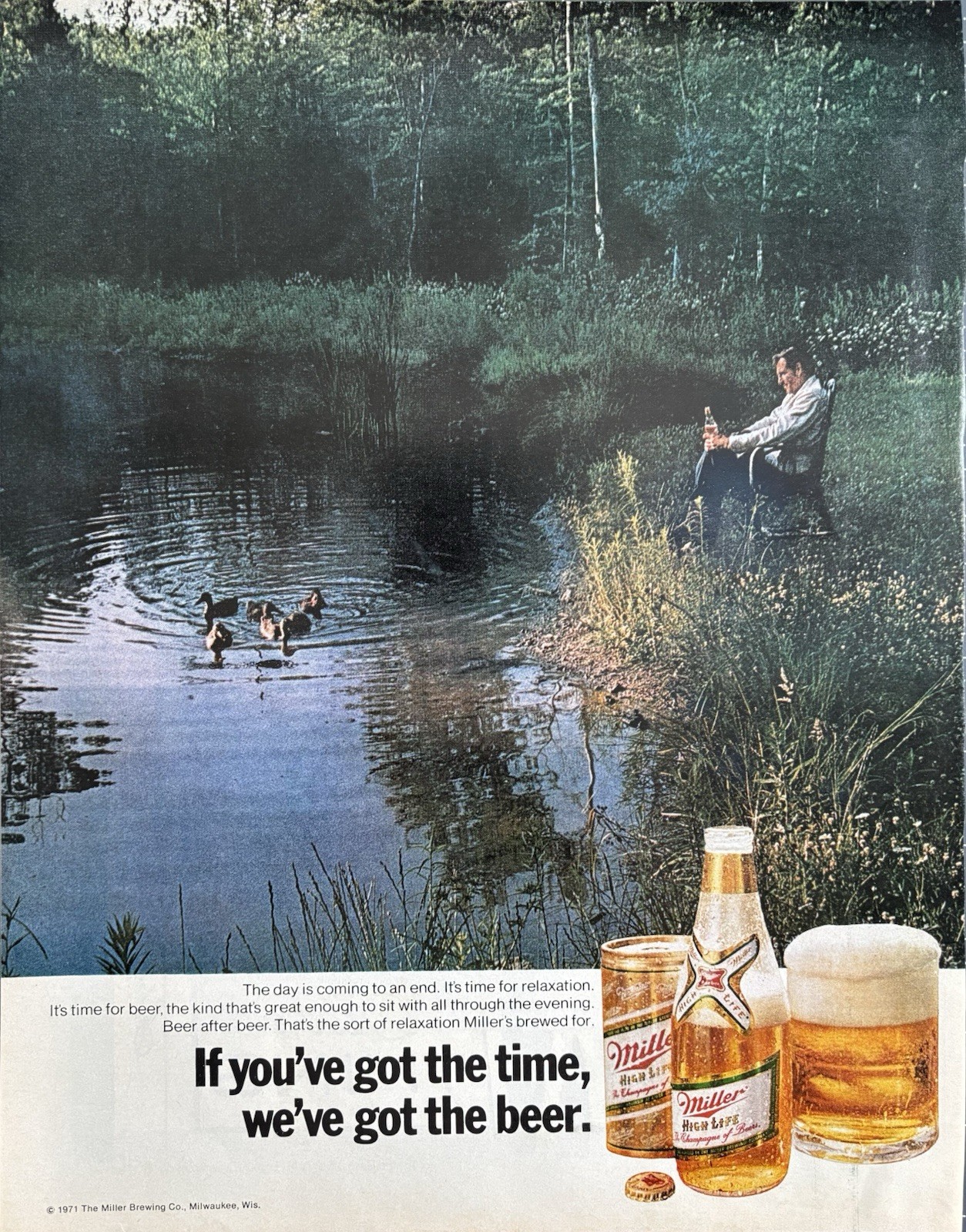 1971 Miller High Life Beer Original Vintage Advertisement Pond Ducks Print Ad