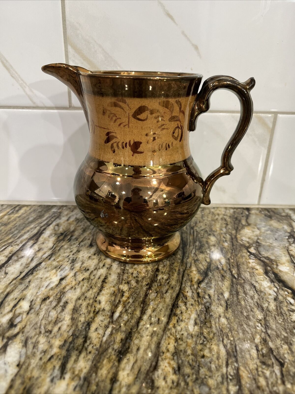 Vintage  Copper Luster Lusterware Milk Pitcher Creamer With Hand Painted Design