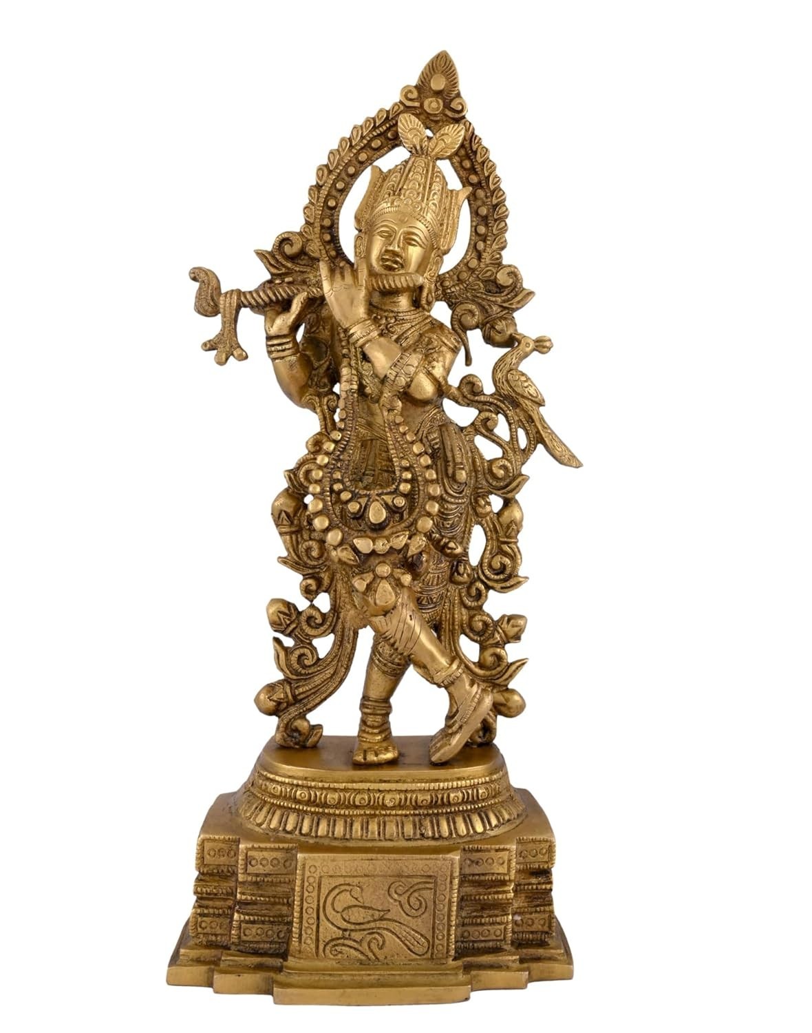 Brass Lord Krishna Playing Flute Idol | Antique Golden Finish Hindu God Statue