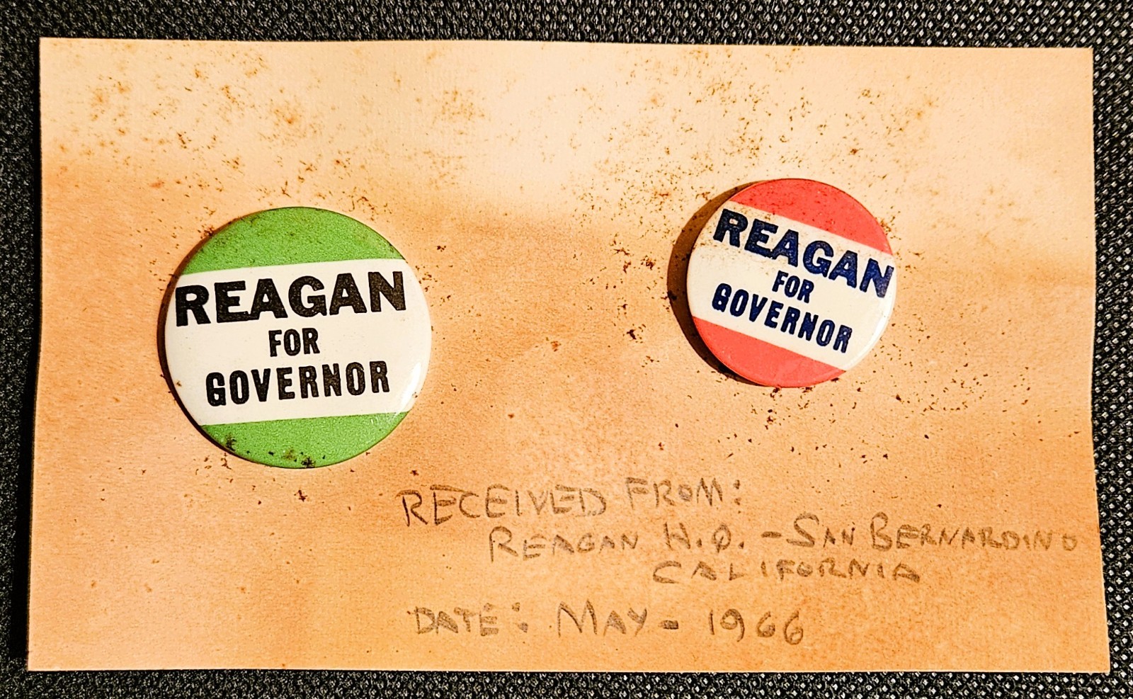 2 Vintage 1966 Ronald Reagan For Governor Pins W/ Owner Handwritten Date Slip