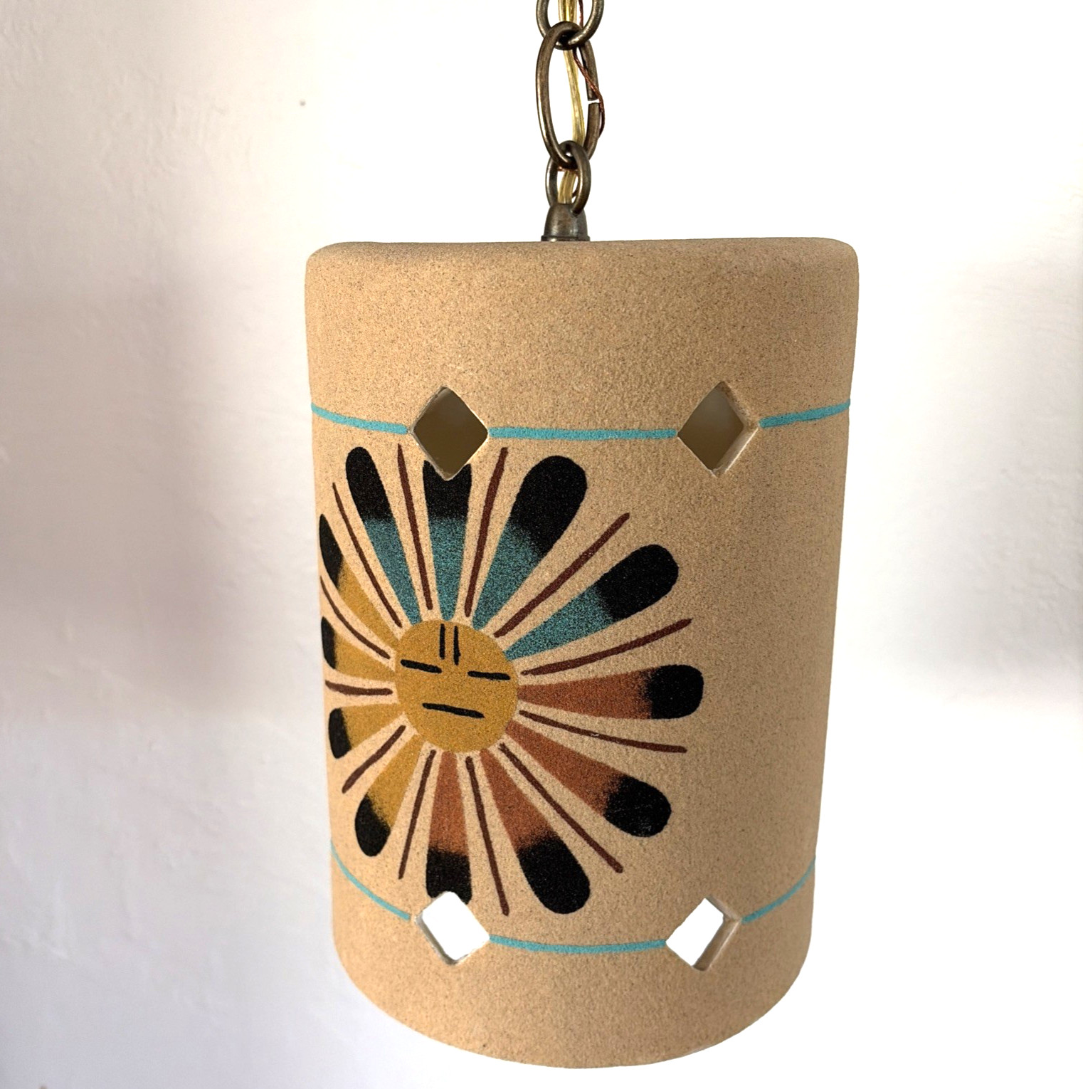 Vintage Zuni Sun Face Native American Pendant Ceiling Light Fixture Southwestern