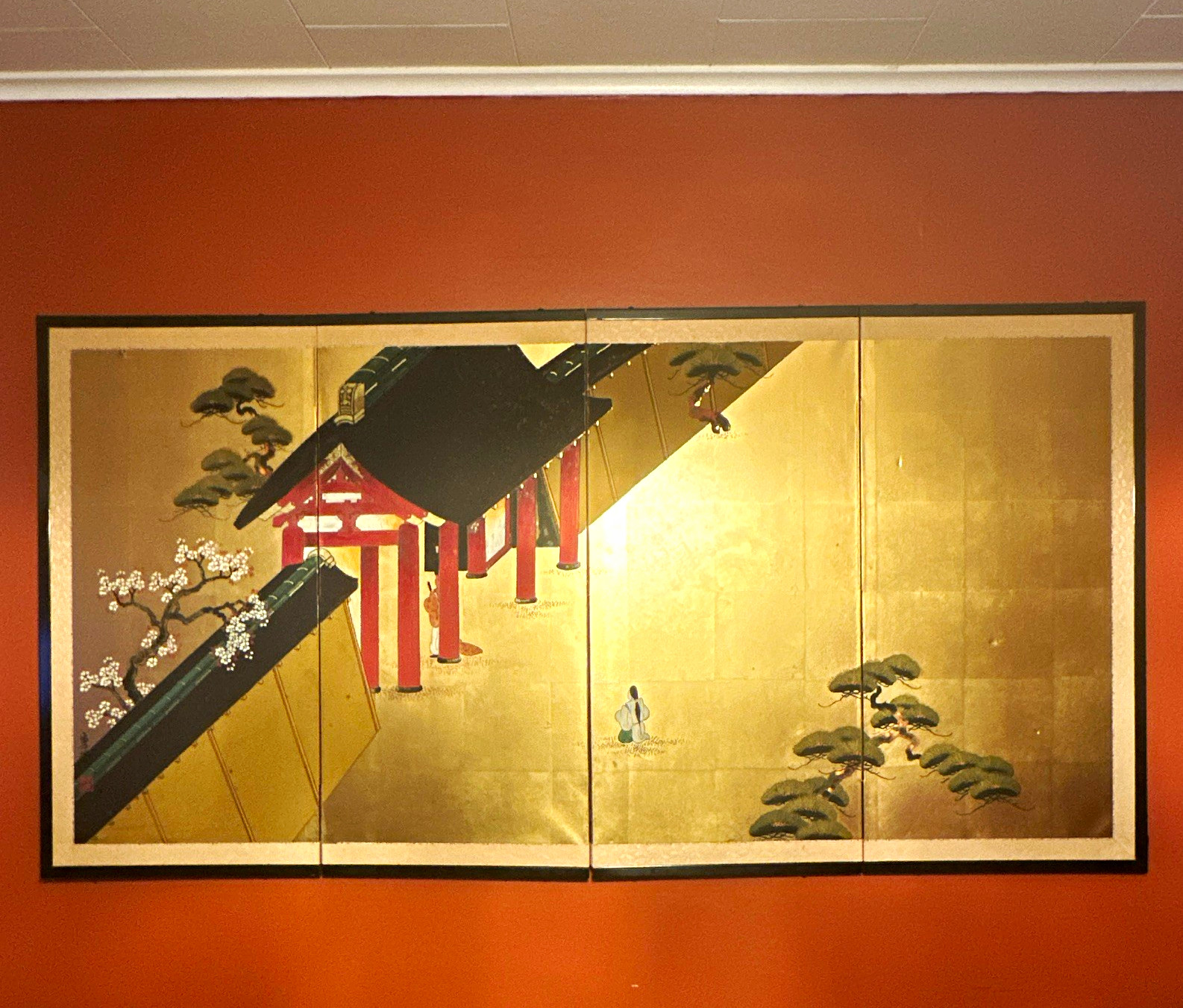 Japanese-Style Gold Background Painted 4-Panel Folding Screen Wall Art