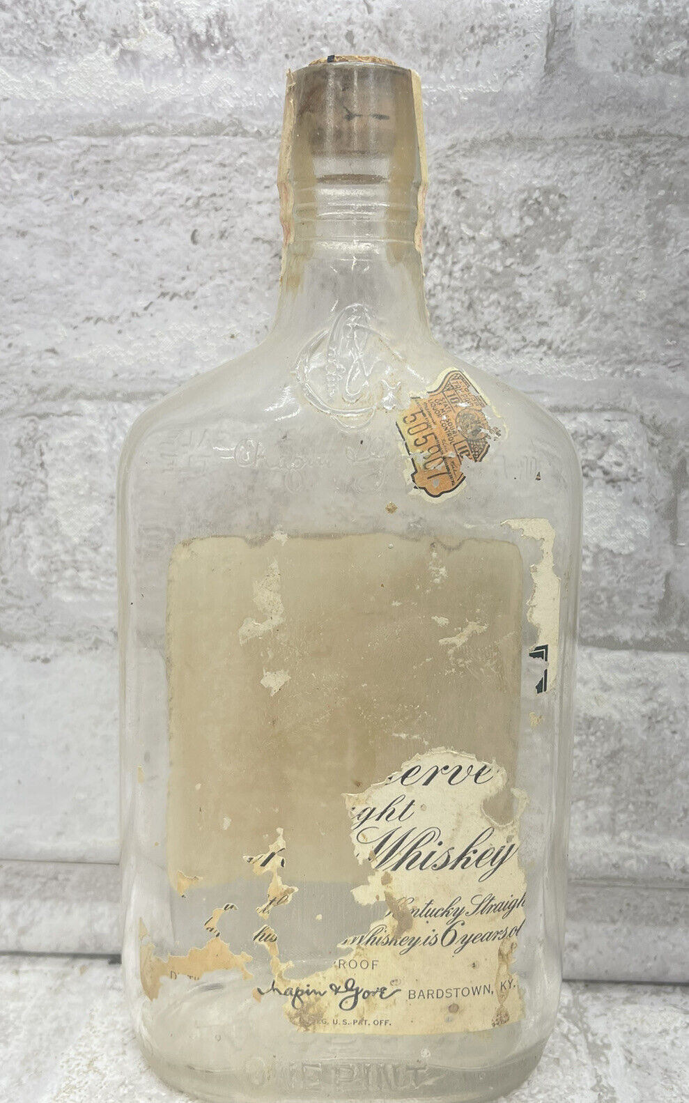 vintage chapin and gore 1958 4/5 quart whiskey bottle