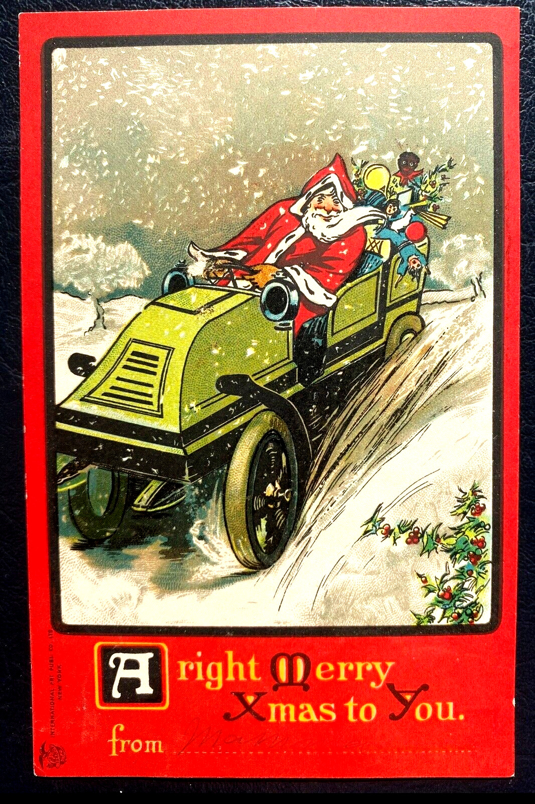 Rare~Santa Claus  in Green Car with Toys~Snow~Antique~Christmas Postcard~k304