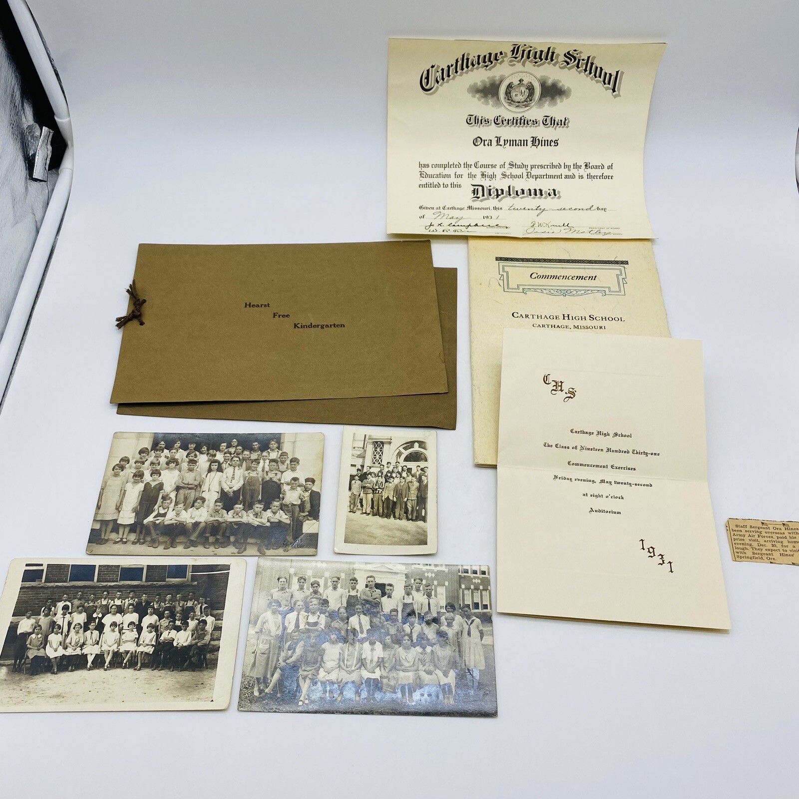 Vintage 1931 Carthage High School Dipolma, Kindergarten Dipolma & Class postcard