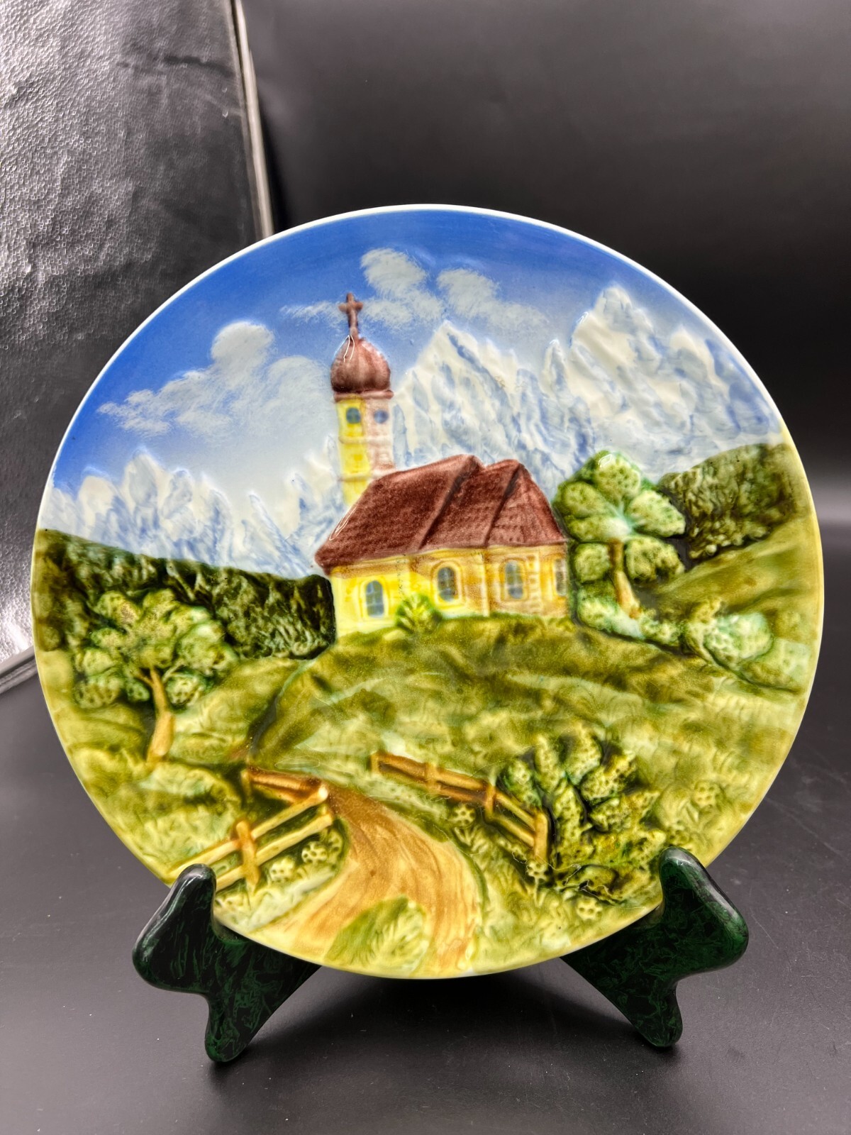 Germany Majolica Bas Relief Plate-Church at Base of Mountains Germany Majolica Bas Relief Plate-Church at Base of Mountains