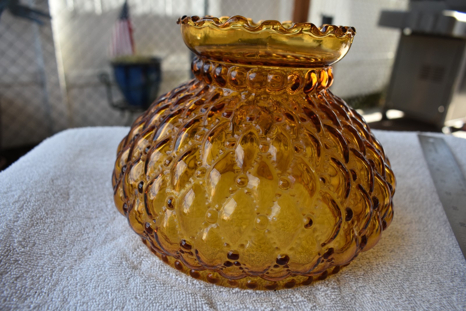 VTG Amber Glass Hurricane Lamp Quilted Diamond Pattern Lamp Shade 6.75” Fitter