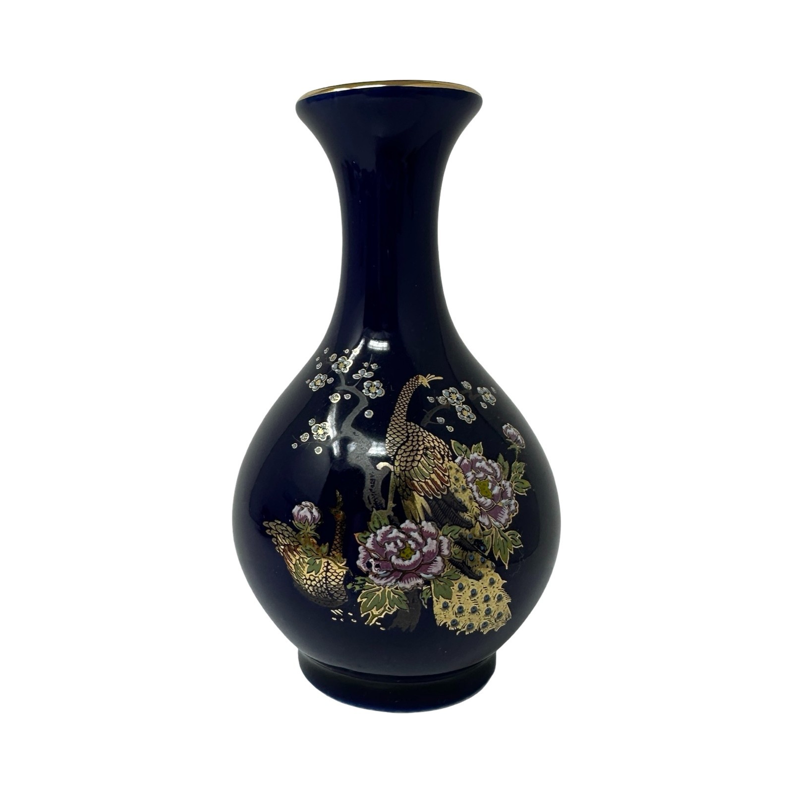 Vintage 1960s Japanese Cobalt Blue Peacock Bud Vase Gold Gilt Floral McCrory