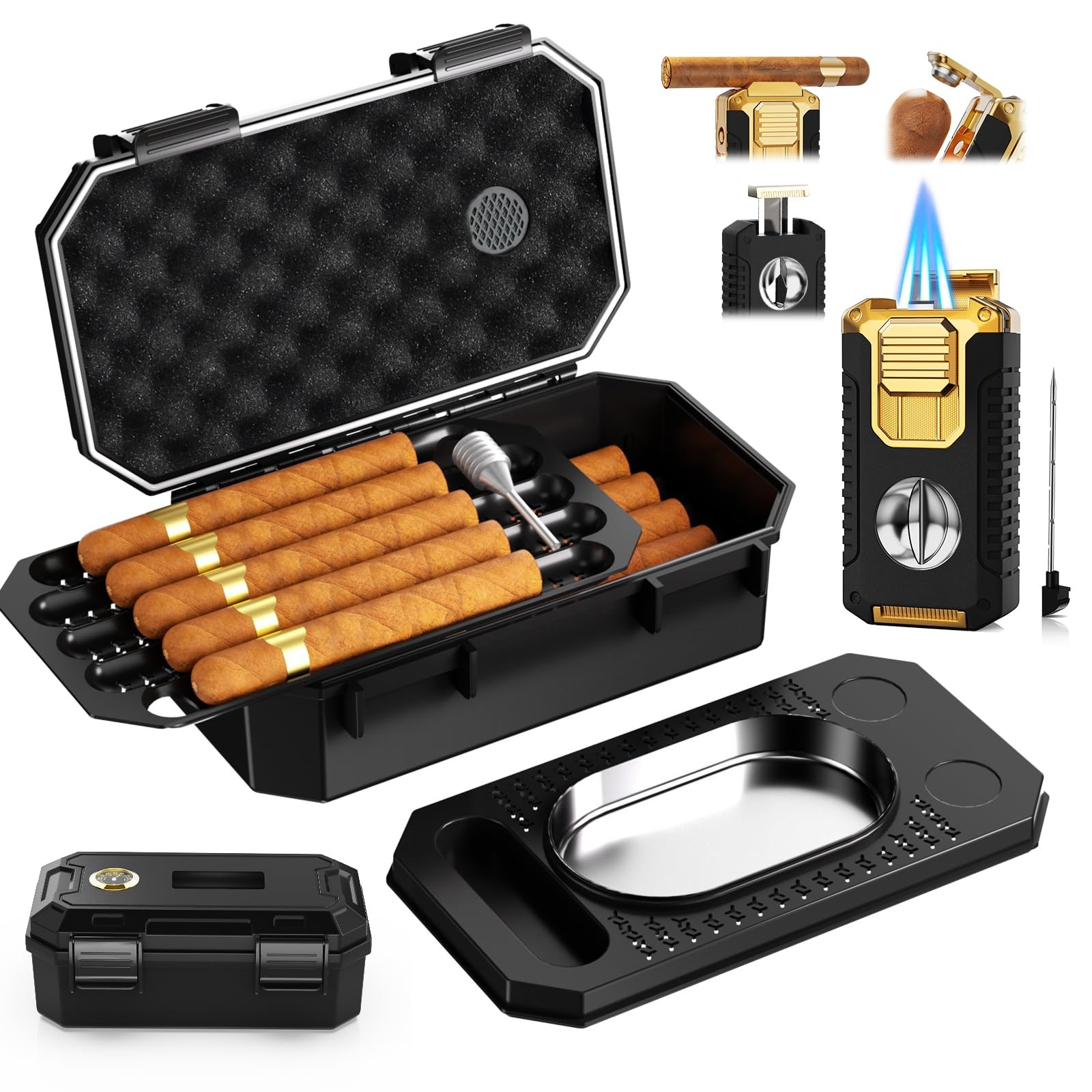 Travel Cigar Humidor Box set with Cigar Ashtray, Cigar Torch Lighter, Built-i...