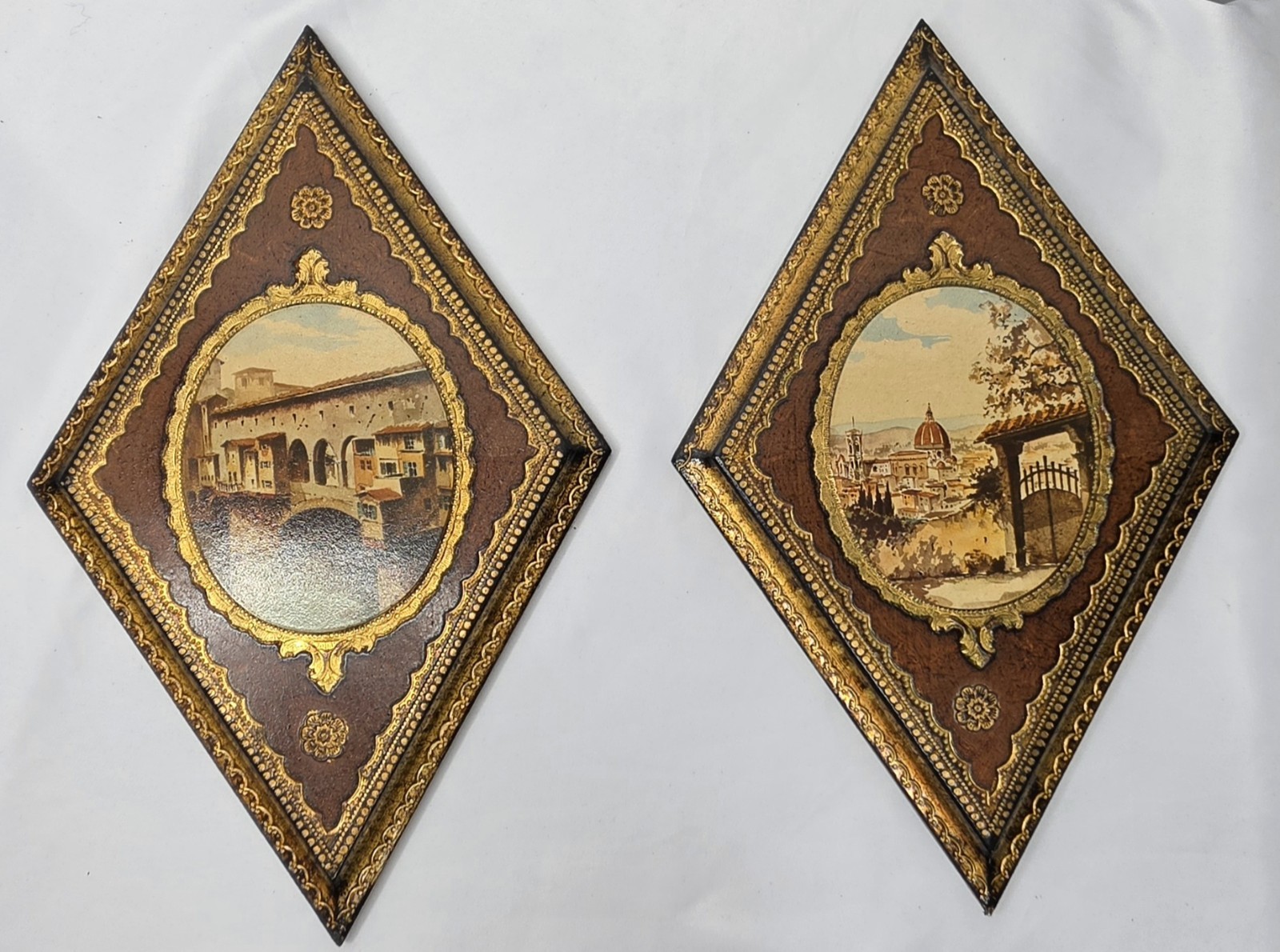Vtg Italian Florentine Wall Plaques Pair Diamond Gold Leaf Ponte Vecchio Florenc