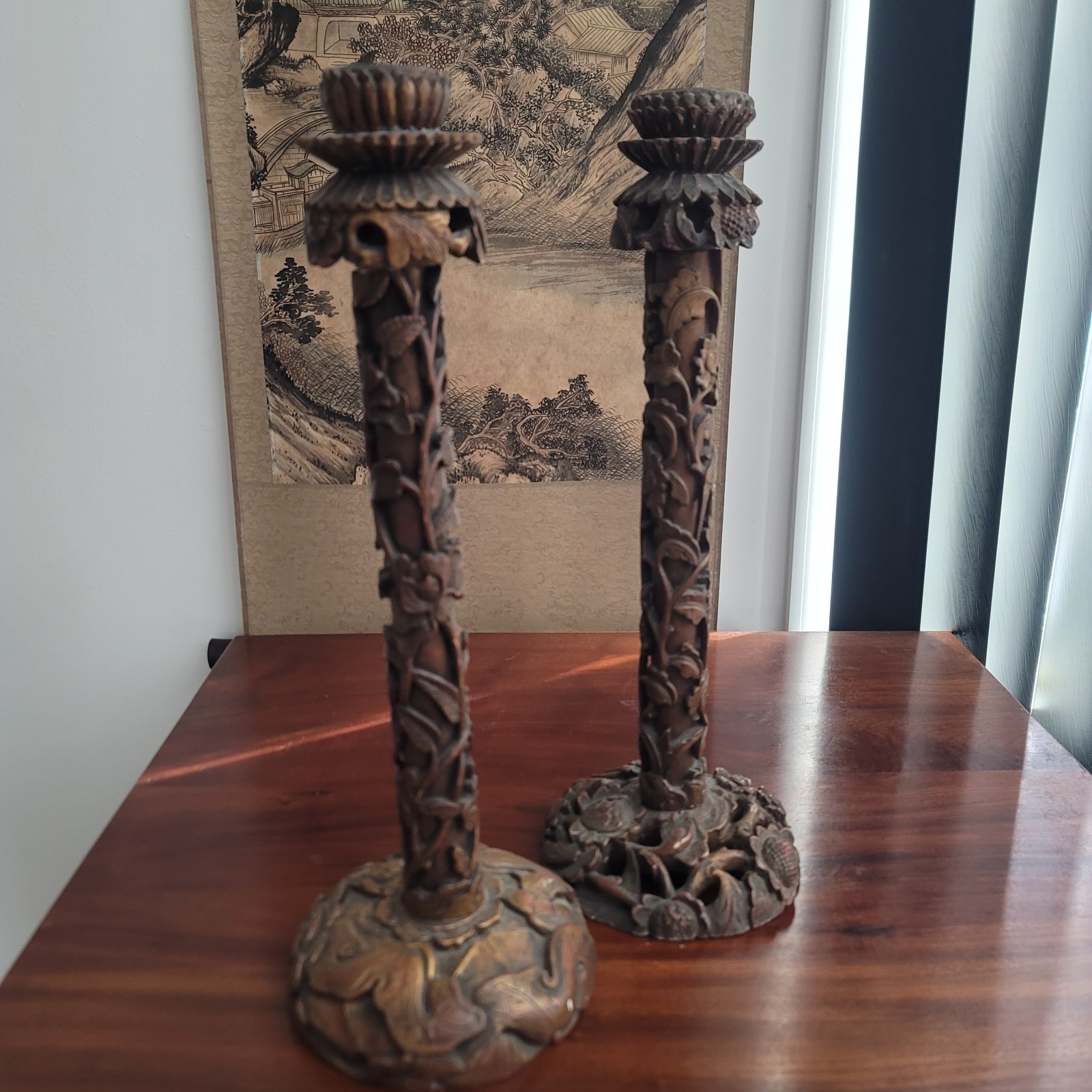 Antique Imperial Royal Wood Carved Chinese Candle Stick Holder Pair 19th Century