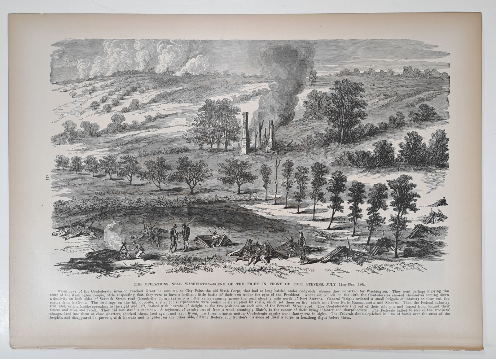 1896 Victorian Print/Engraving, Near Washington - Scene of Fight at Fort Stevens