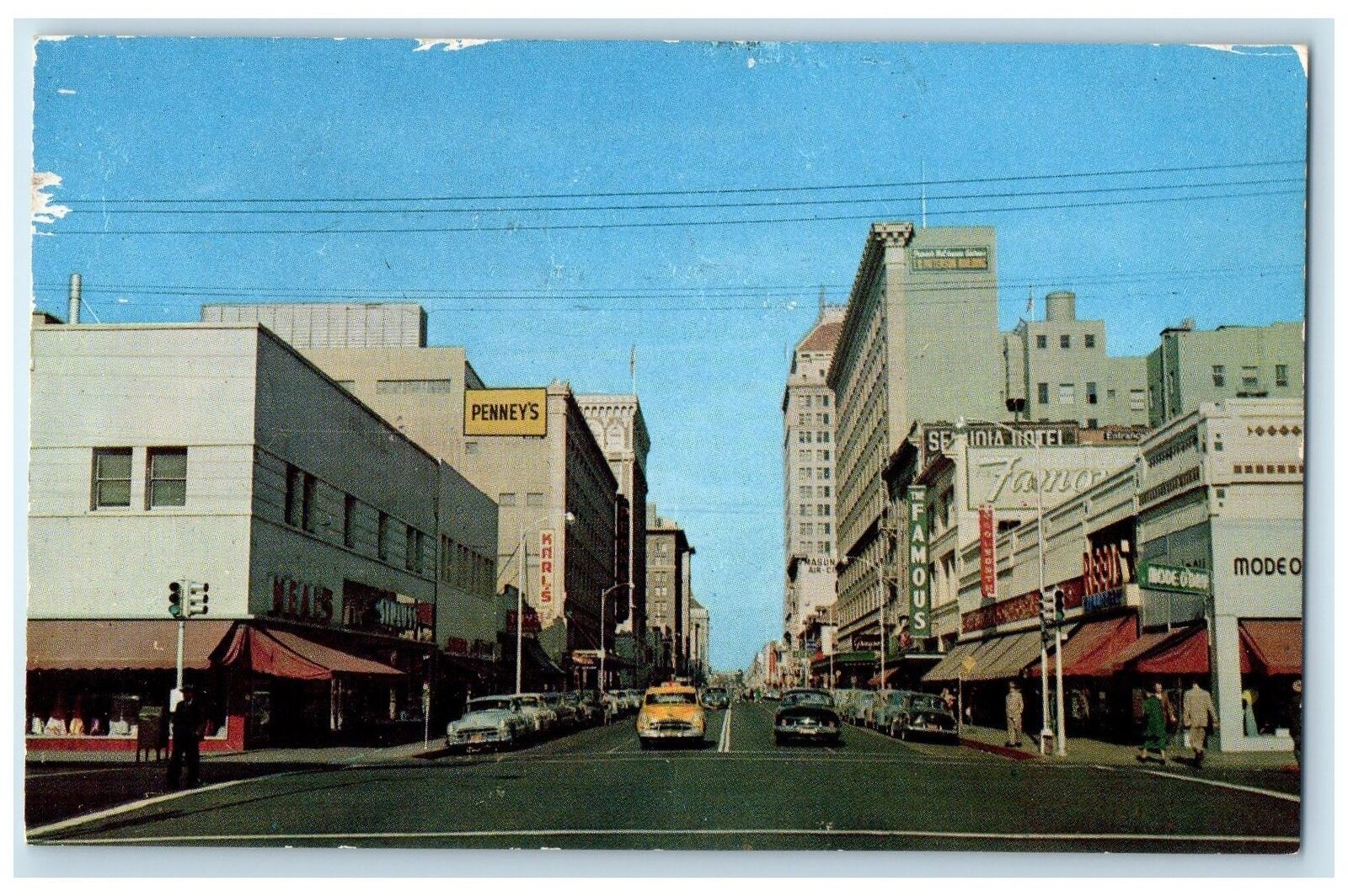 c1950's Fulton Street Downtown Business District Fresno California CA Postcard