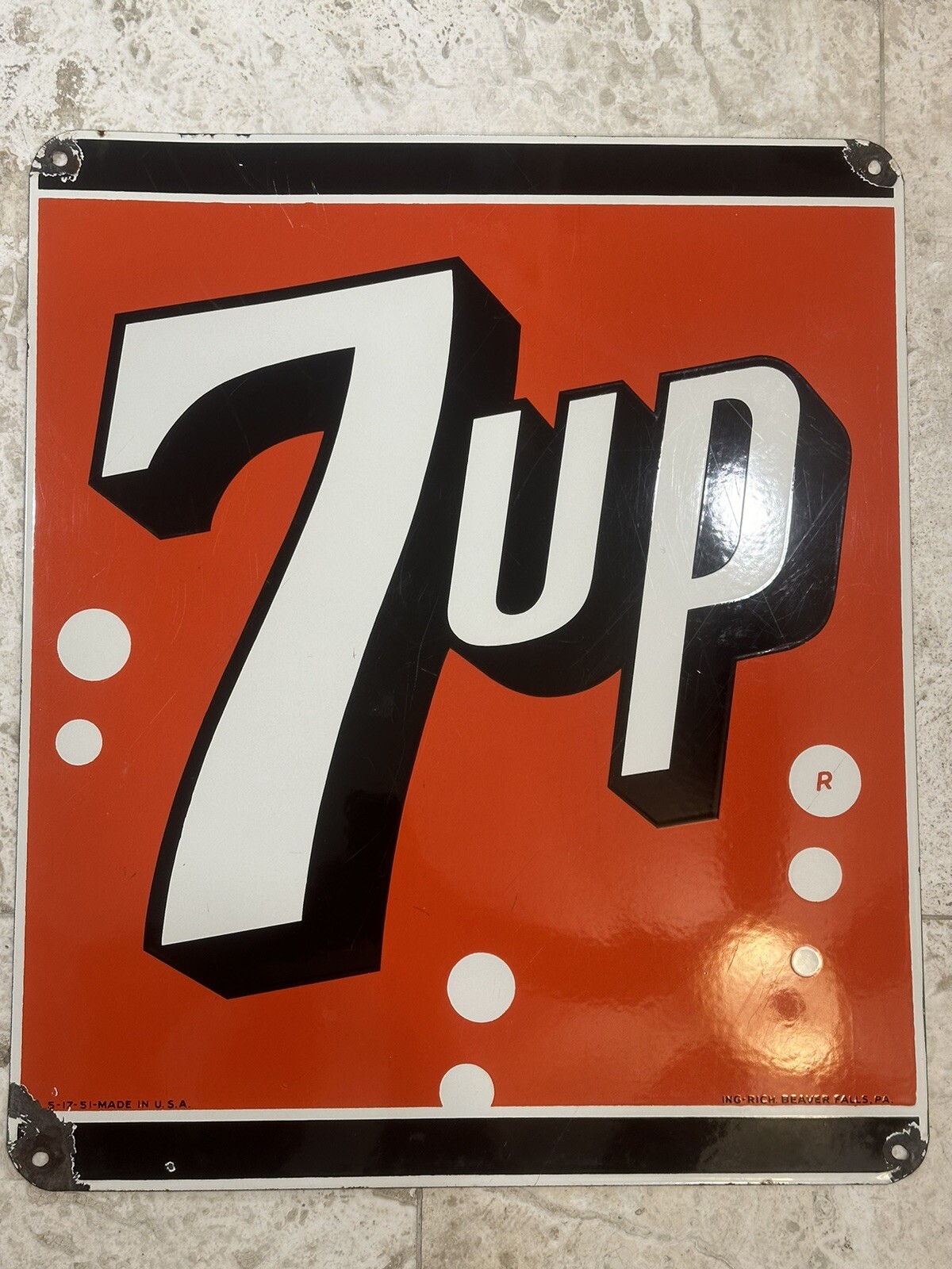 Vintage 7UP Soda Porcelain Sign Original Rare Ing-Rich Beaver Falls 17x20   1951