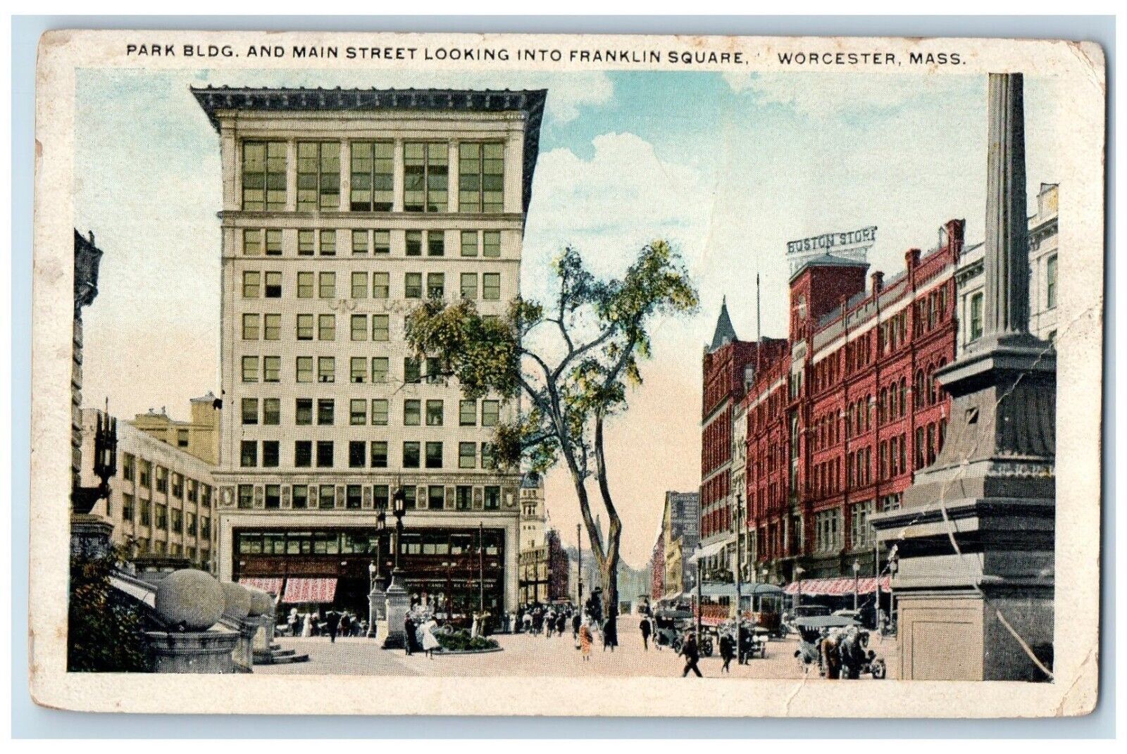 1920 Park Bldg. And Main Stret Looking Franklin Square Worcester MA Postcard