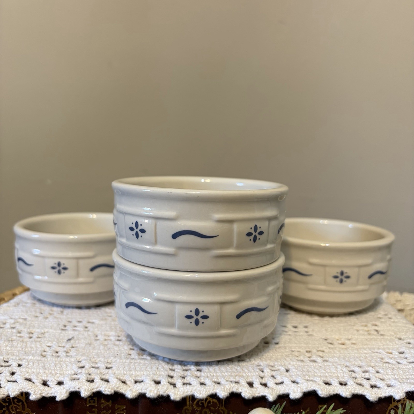 4 Longaberger Pottery Woven Traditions Ramekins Custard Cup Stackable Blue USA