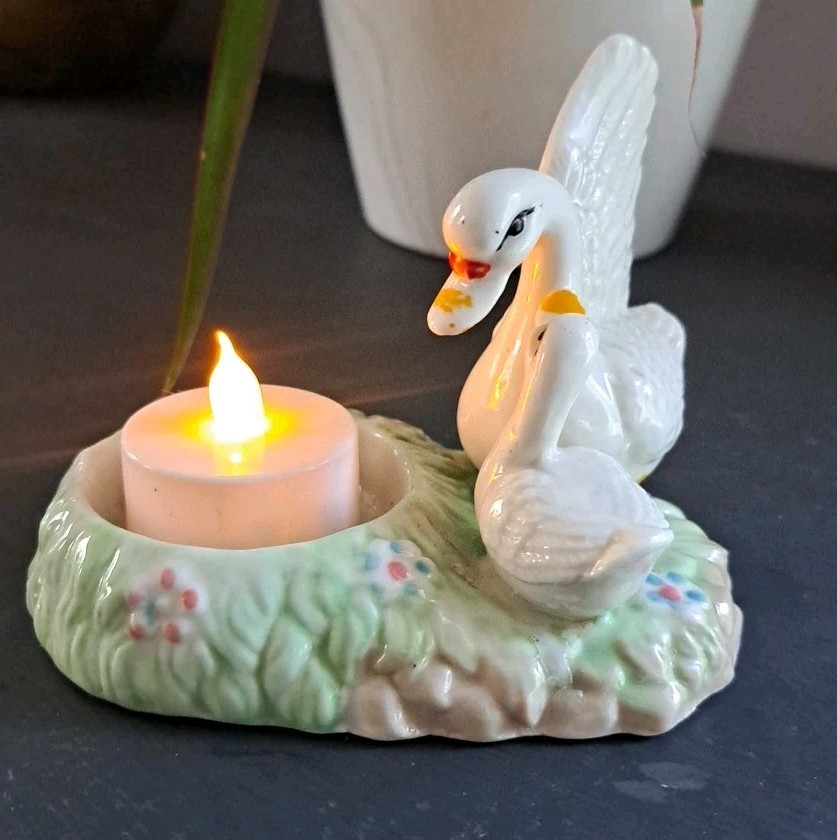Vintage  Swan With Her Baby Cygnet Ceramic Votive Candle Holder 4.75\